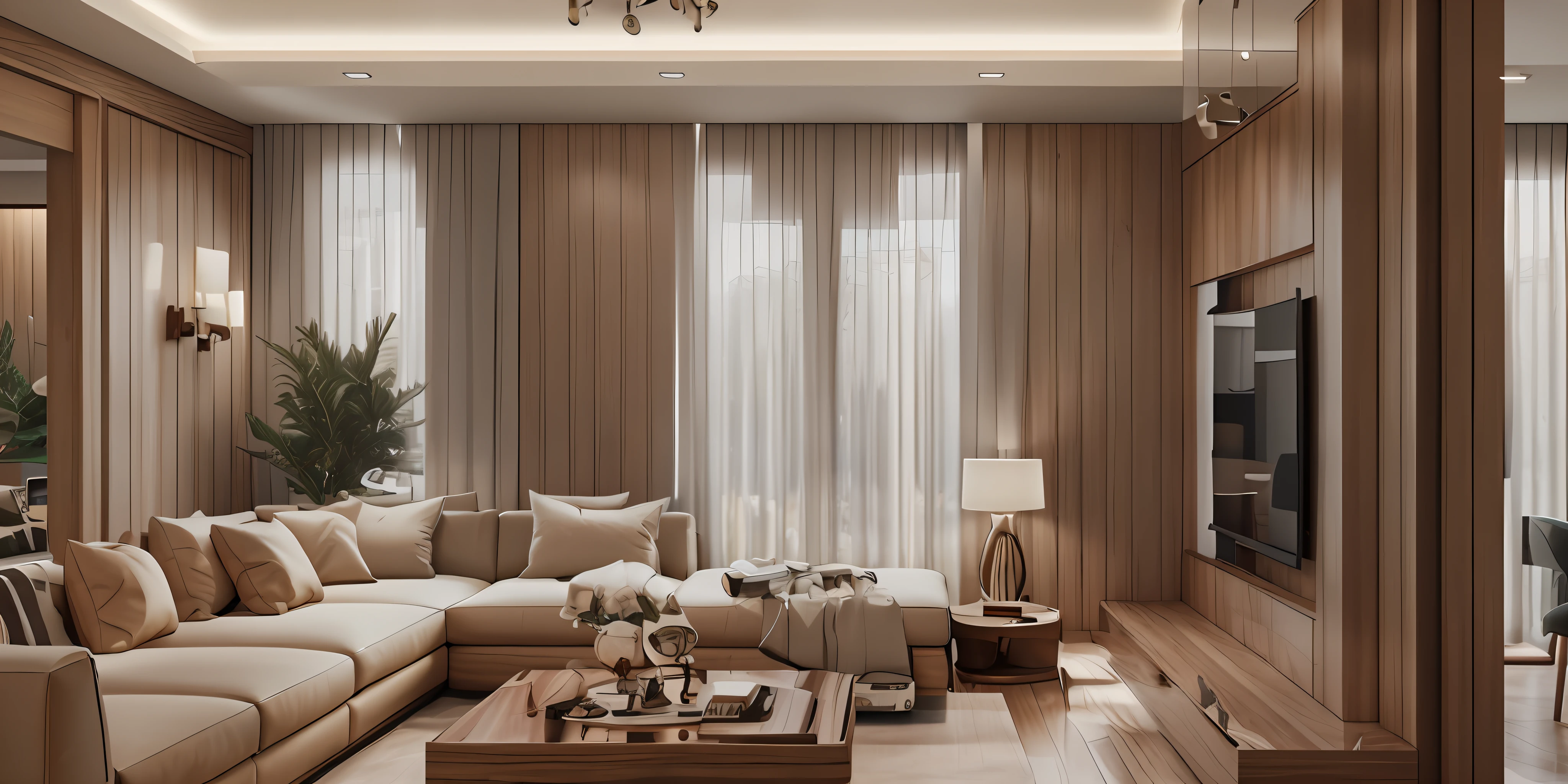 "Masterpiece, high quality, best quality, authentic, super realistic, super detail, interior, modern living room, rug, wooden floor, window, curtains, daylight, vray"