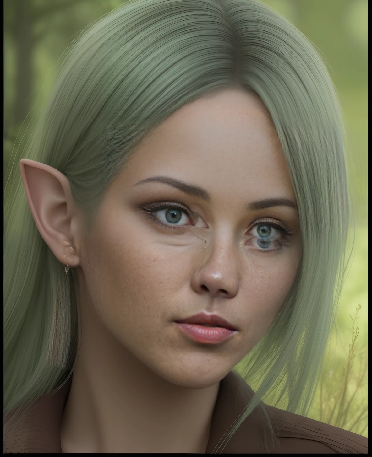 **a portrait of an iconic fantasy, a portrait of a elf with blue eyes and pointed pointy ears, in the style of realistic and hyper-detailed renderings, chilling creatures, 32k uhd, andrea kowch, pseudo-realistic with wind swept hair, realistic, in realistic mossy Forest photography by David bailey. Hasselblad CFV II 50C digital camera ,4k ,sharp focus ,bright colour ,(soft suntanned skin) Albedo map ,normal map ,specular map ,diffuse map ,light map ,noise map ,reflective map ,opacity map ,subsurface scattering ,light and shadow ,global illumination ,dappled shadows