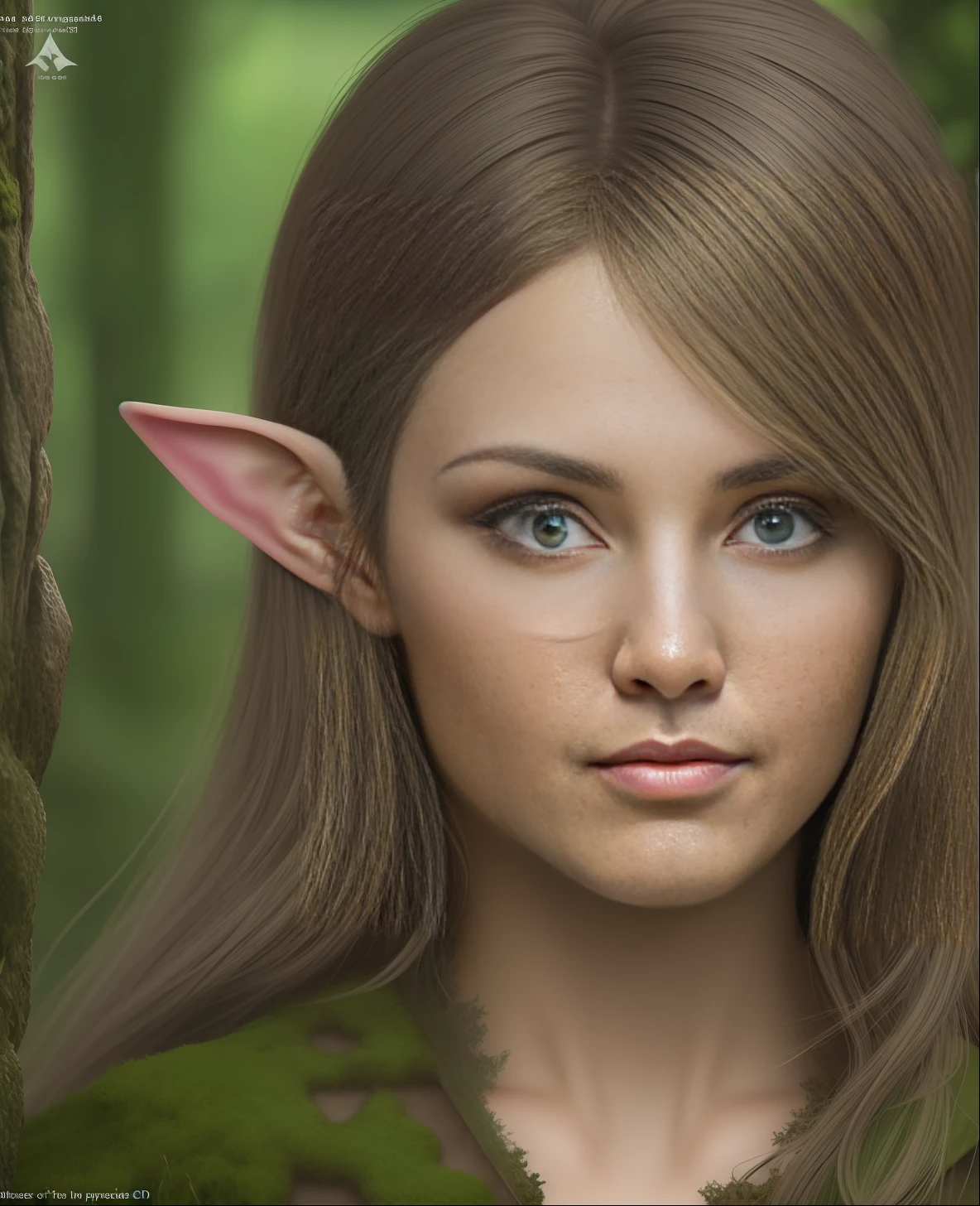 **a portrait of an iconic fantasy, a portrait of a elf with blue eyes and pointed pointy ears, in the style of realistic and hyper-detailed renderings, chilling creatures, 32k uhd, andrea kowch, pseudo-realistic with wind swept hair, realistic, in realistic mossy Forest photography by David bailey. Hasselblad CFV II 50C digital camera ,4k ,sharp focus ,bright colour ,(soft suntanned skin) Albedo map ,normal map ,specular map ,diffuse map ,light map ,noise map ,reflective map ,opacity map ,subsurface scattering ,light and shadow ,global illumination ,dappled shadows