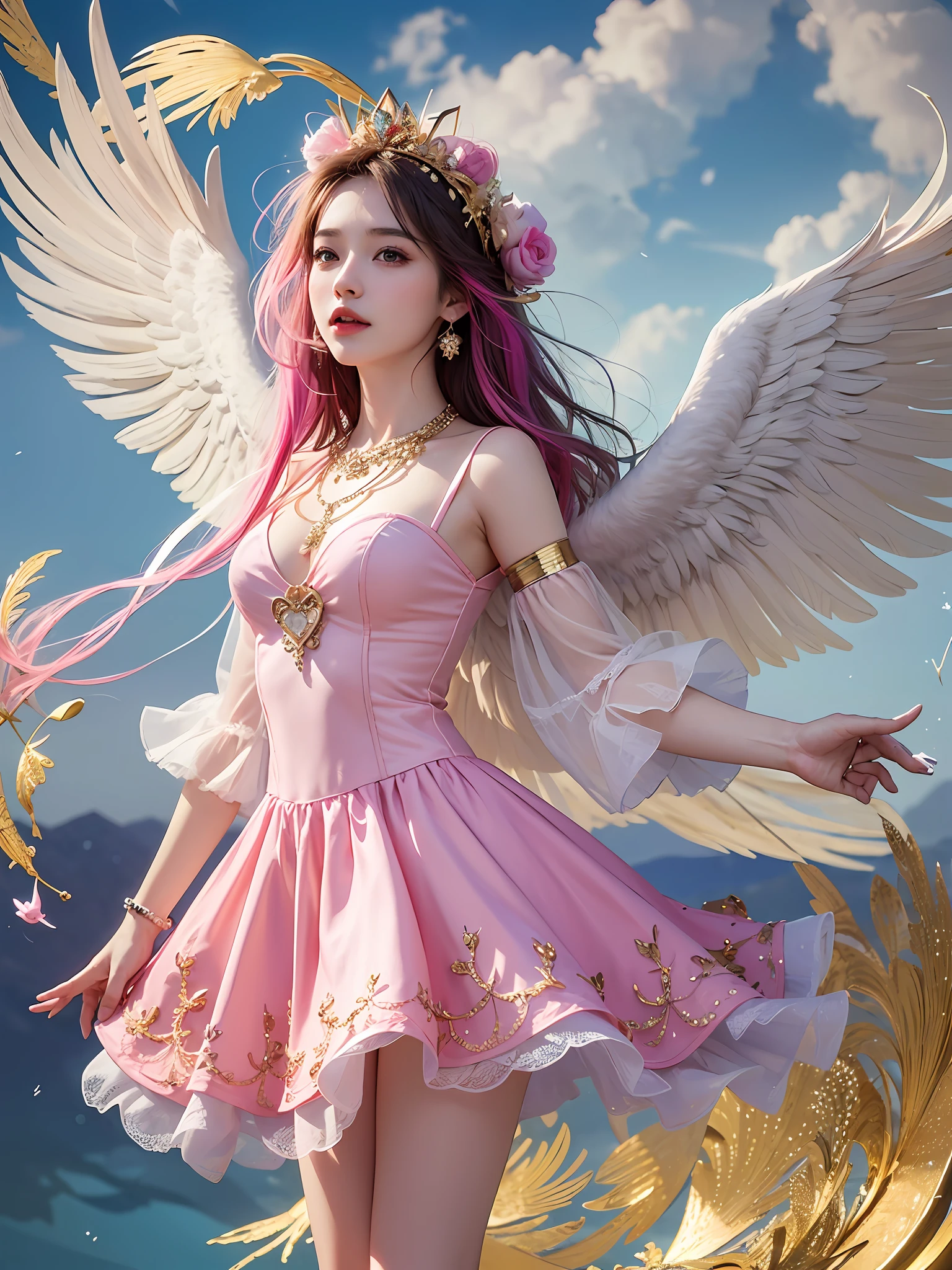 1 Girl,solo, age, pinkdress, pairs of pink bird wings on head, Gold necklace, Cloudy background, Colorful clouds, Full body, Floating in the sky, looking looking at viewer,
((巨作)), ((Best quality)), ((highly-detailing)), (Detailed face), (offcial art),
