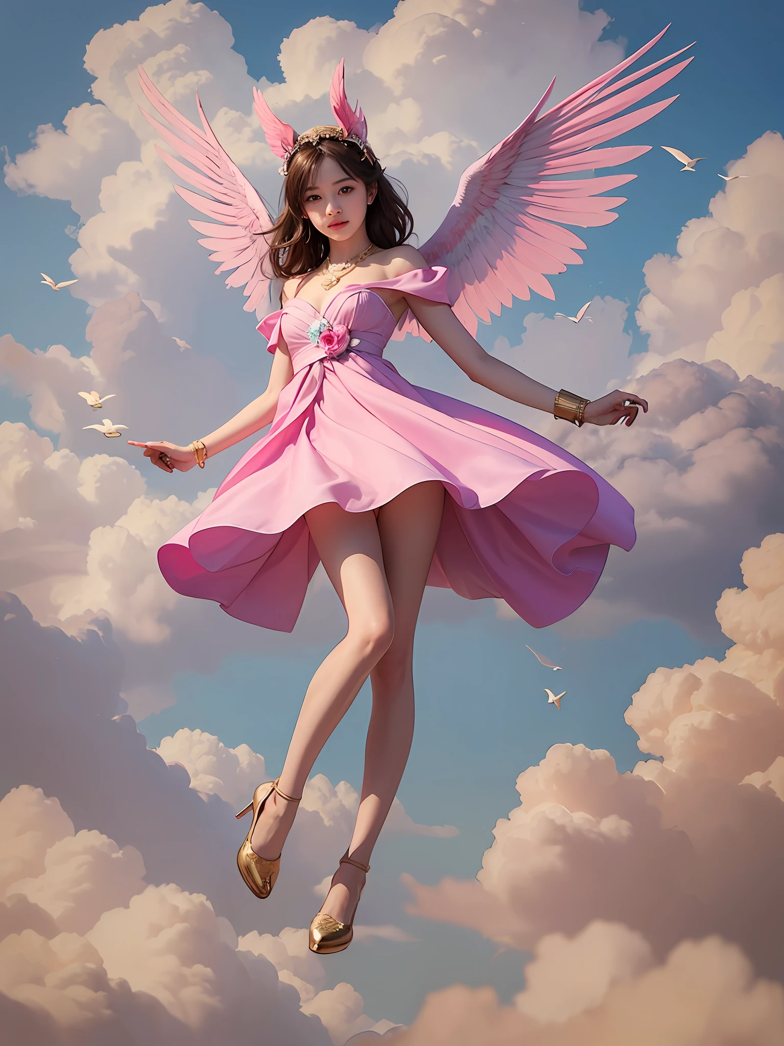 1 Girl,solo, Teenage, pinkdress, pairs of pink bird wings on head, Gold necklace, Cloudy background, Colorful clouds, Full body, Floating in the sky, looking looking at viewer, 
((巨作)), ((Best quality)), ((highly-detailing)),  (Detailed face), (offcial art),