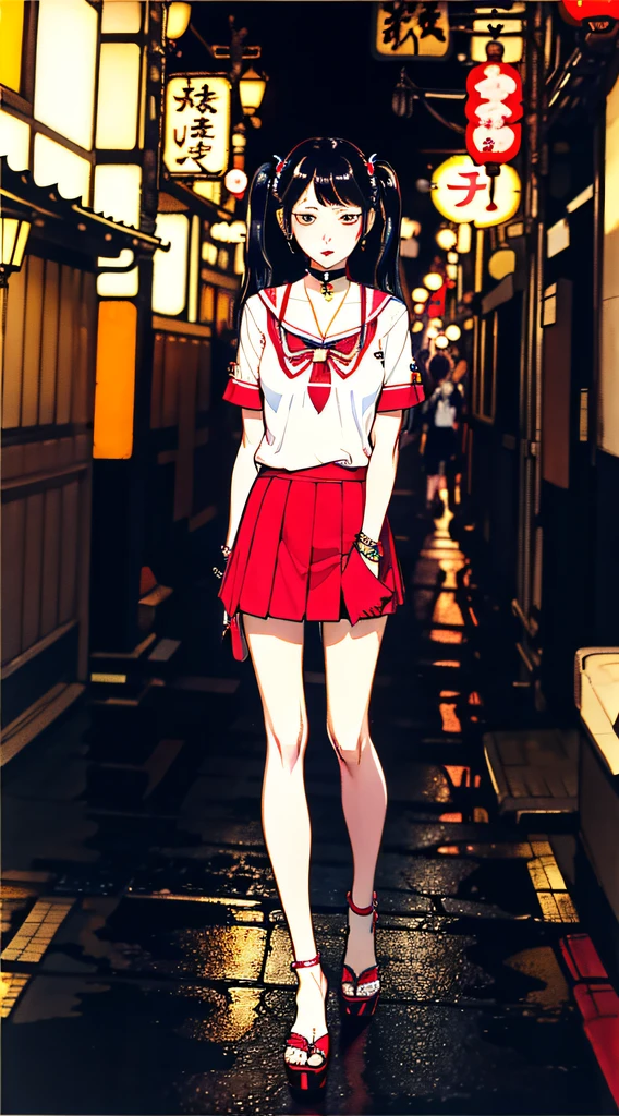 ukiyoe painting、In the street、pupils on、Katyusha,Vivid、school uniformss、twintails、Choker,bare-legged,a necklace、piercings、Flare noise
