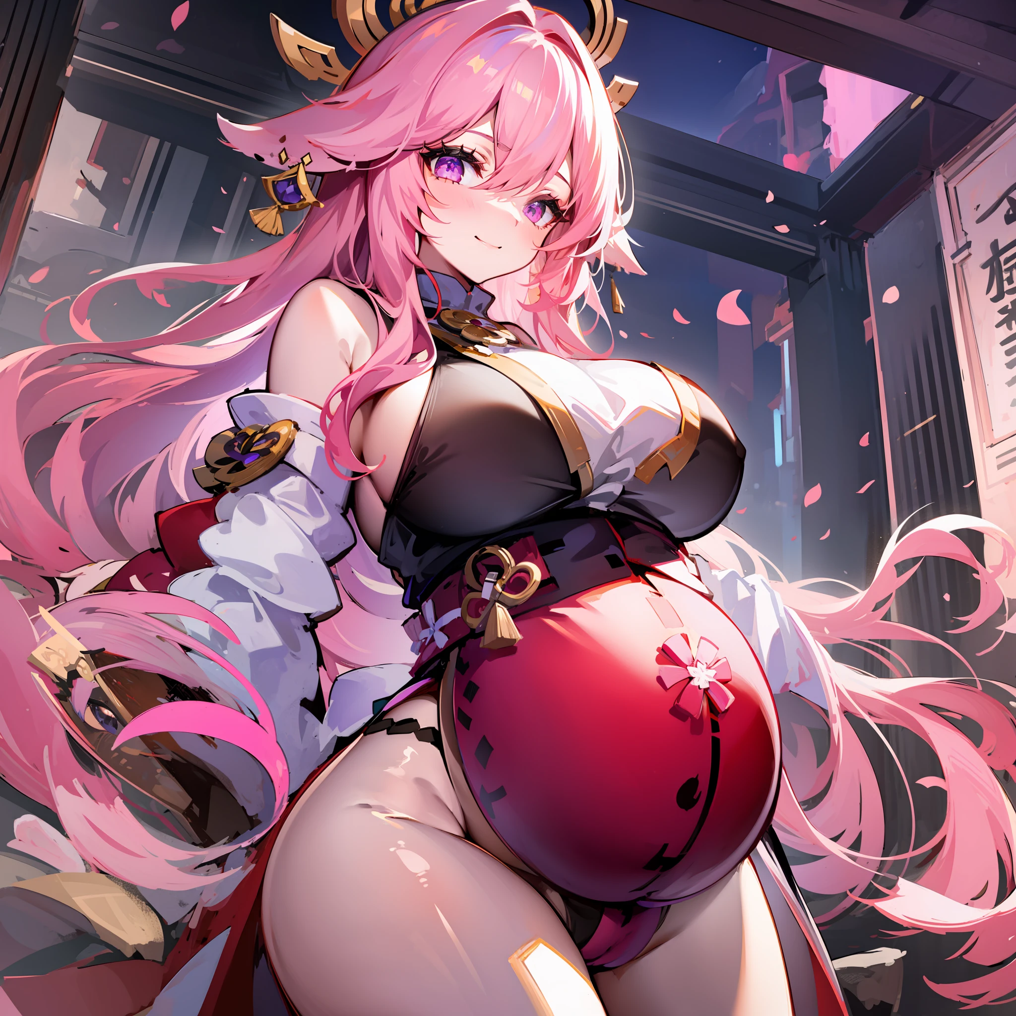 （Extremely detailed CG unity 8k wallpaper，tmasterpiece，very best quality，ultra detali，Complicated details），（Extremely refined and beautiful），1girl huge large breasts，Keqing，Keqing_base_Uniform，2D，Two-dimensional，Pink hair，Lone ear，Foxtail，hugetits，Pregnant belly，shrine maiden clothe，Showing the belly，Eyes on love，ssmile，Royal sister，hugetits