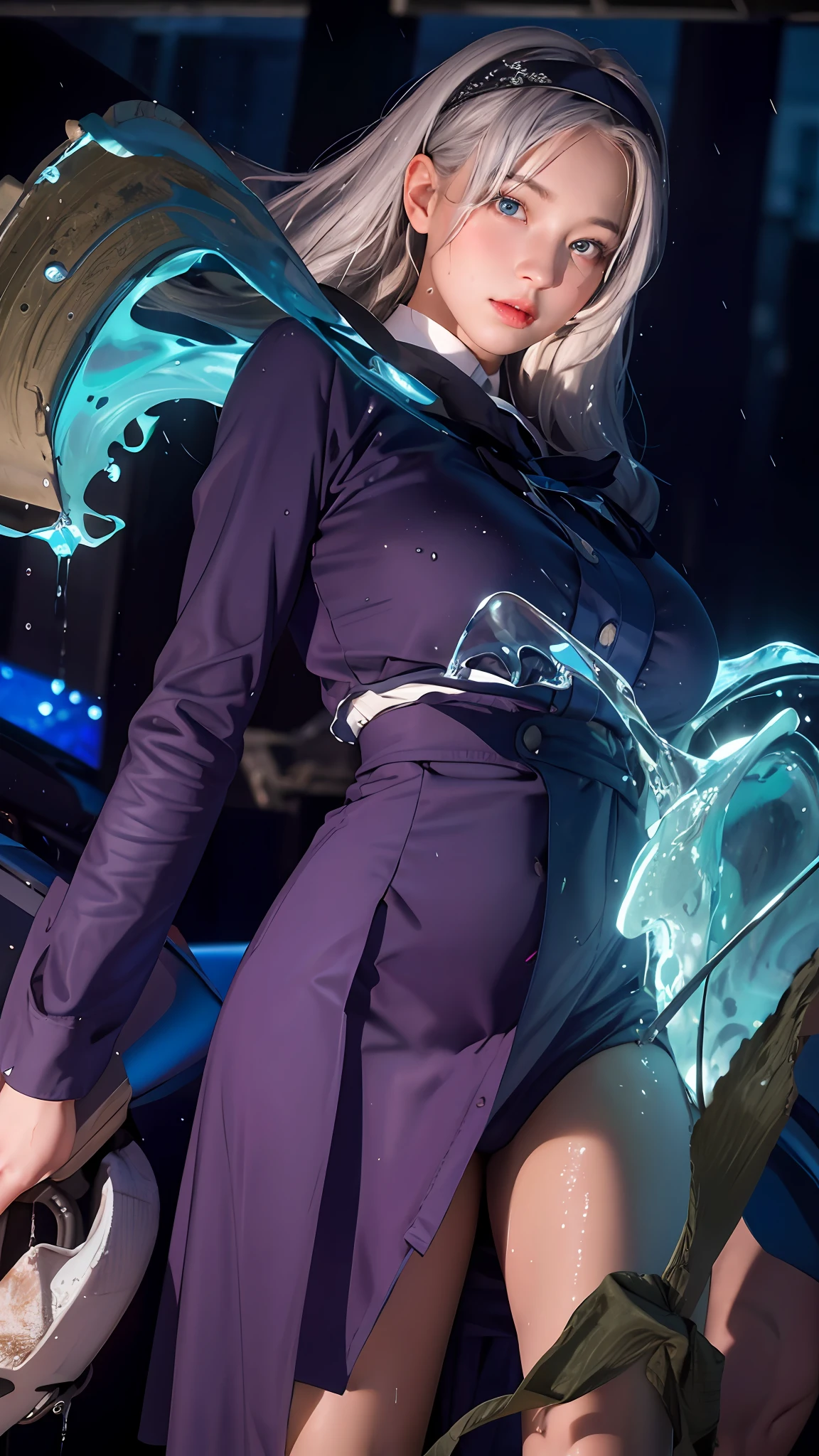 best quality,masterpiece,ultra high res,(photo realistic:1.4),1 girl,medium breasts,big blue eyes,silver hair,black school uniform,cute,young,posing,very long hair,flower,headband,looking at viewers,rain, wet, professional lighting, physically-based rendering,