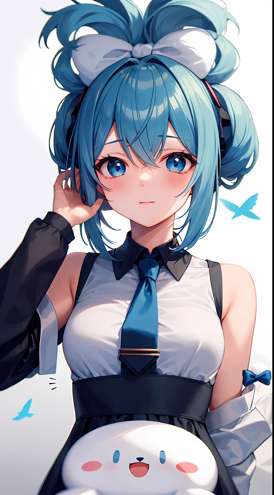 1girl, 独奏, Cinnamiku, Blue hair, blue eyes, hair rings, Hair Bow, blue bow, (cinnamoroll, tied ears, sanrio, 1other, Creature:1.2) black sleeves, bare shoulders, Blue Tie, wide sleeves, shirt with collar, detached sleeves, tie, Blue Tie, kawai,