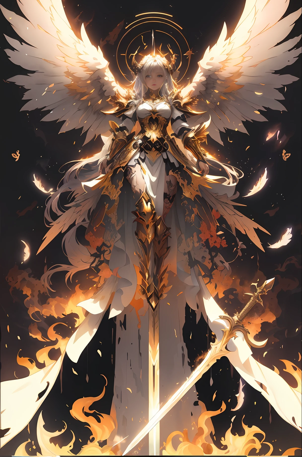 anime character with wings and sword in flames with fire, trending on artstation pixiv, Anime epic artwork, detailed anime art, anime fantasy illustration, Detailed digital anime art, pixiv contest winner, From Arknights, high detailed official artwork, angelic golden armor, Detailed anime artwork, with fiery golden wings of flame, Digital art on Pixiv, detailed key anime art