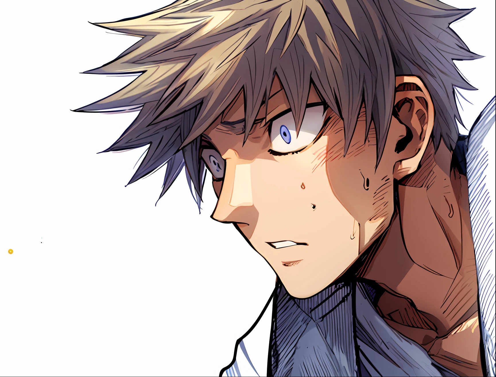 a anime of a man with a gray hair, from side view, side view, towel, white shirt, no hope, hopeless, daydream, teeth, closed eyes, color manga, manga color, color manga, color manga panel, simple background, a white background