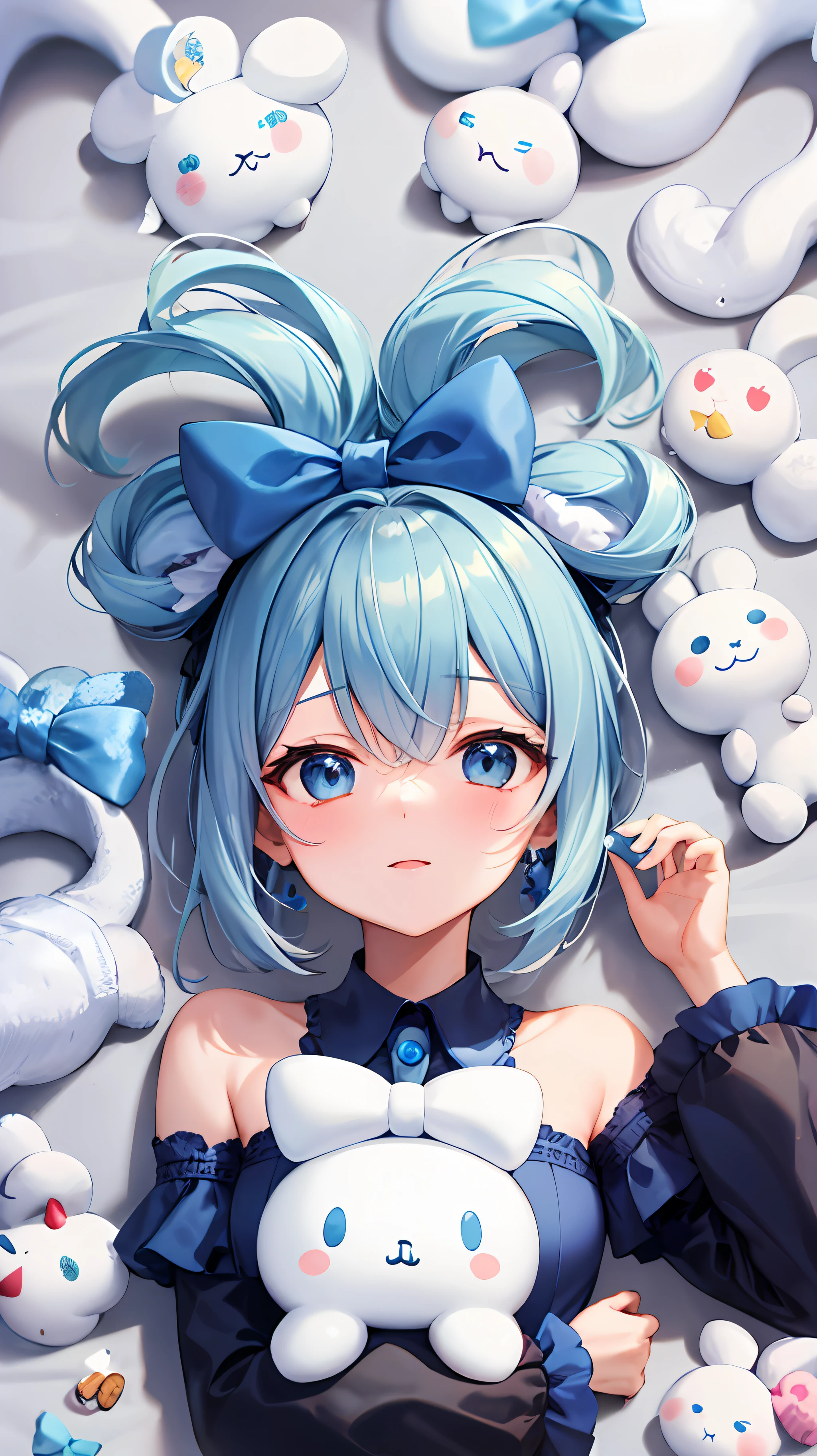 1girl, 独奏, Cinnamiku, Blue hair, blue eyes, hair rings, Hair Bow, blue bow, (cinnamoroll, tied ears, sanrio, 1other, Creature:1.2) black sleeves, bare shoulders, Blue Tie, wide sleeves, shirt with collar, detached sleeves, tie, Blue Tie, kawai,