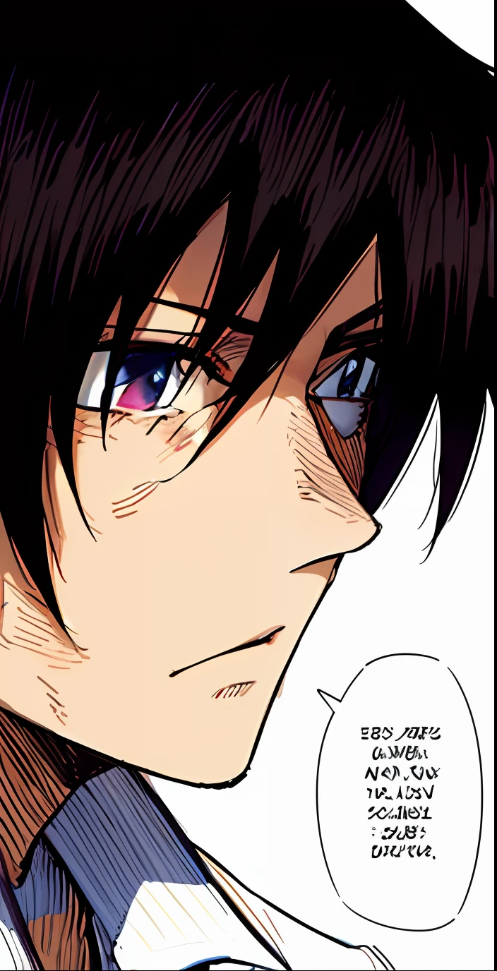 a anime of a man with a black hair, from side view, side view, from side, sad, white shirt, text bubble speech, color manga, manga color, color manga, color manga panel, simple background, a white background
