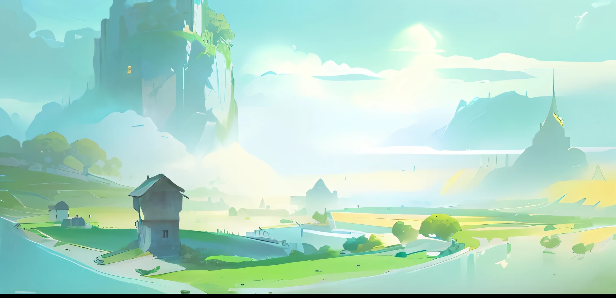 rios，arte de fundo, background artwork, National style background, distant village background, animated still, splash screen art,serene illustration, Relaxing concept art, videogame still, anime landscape, concept-art, concept-art, Official concept art anime countryside landscape, island background