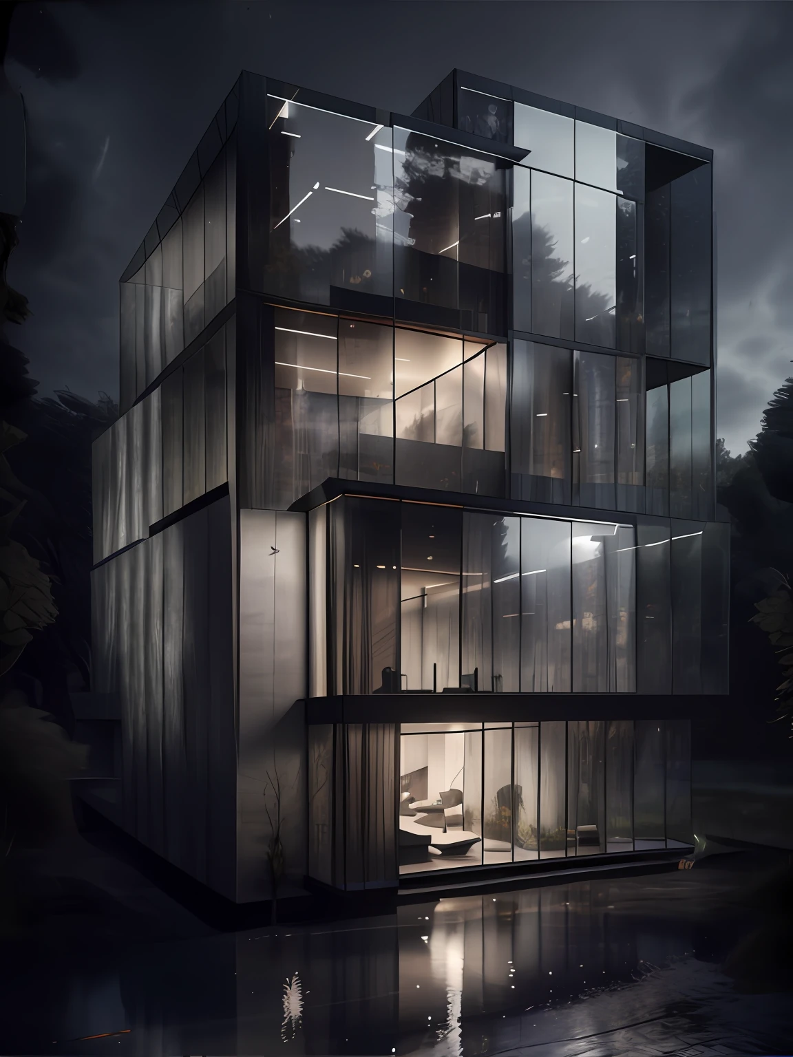 arafed glass building with a car in the middle of it, night time render, dramatic lighting render, very realistic 3 d render, architecture render, lumion render, realistic architecture, architectural render, dark and modern, daily render, very realistic render, realistic cgi render, photorealistic dark concept art, architectural visualization, 3 d hyper realistic render, a photorealistic rendering