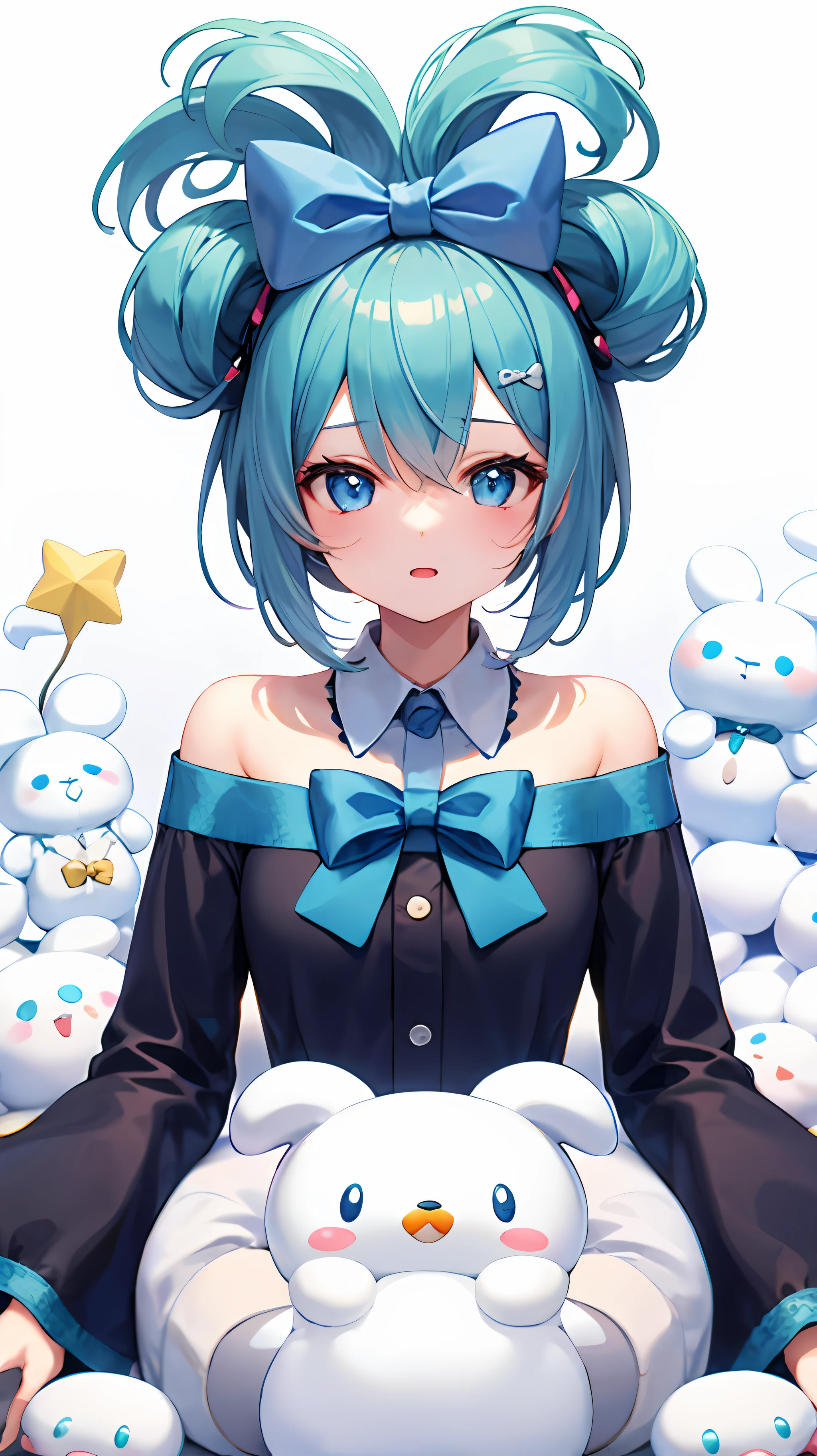 1girl, 独奏, Cinnamiku, Blue hair, blue eyes, hair rings, Hair Bow, blue bow, (cinnamoroll, tied ears, sanrio, 1other, Creature:1.2) black sleeves, bare shoulders, Blue Tie, wide sleeves, shirt with collar, detached sleeves, tie, Blue Tie, kawai,