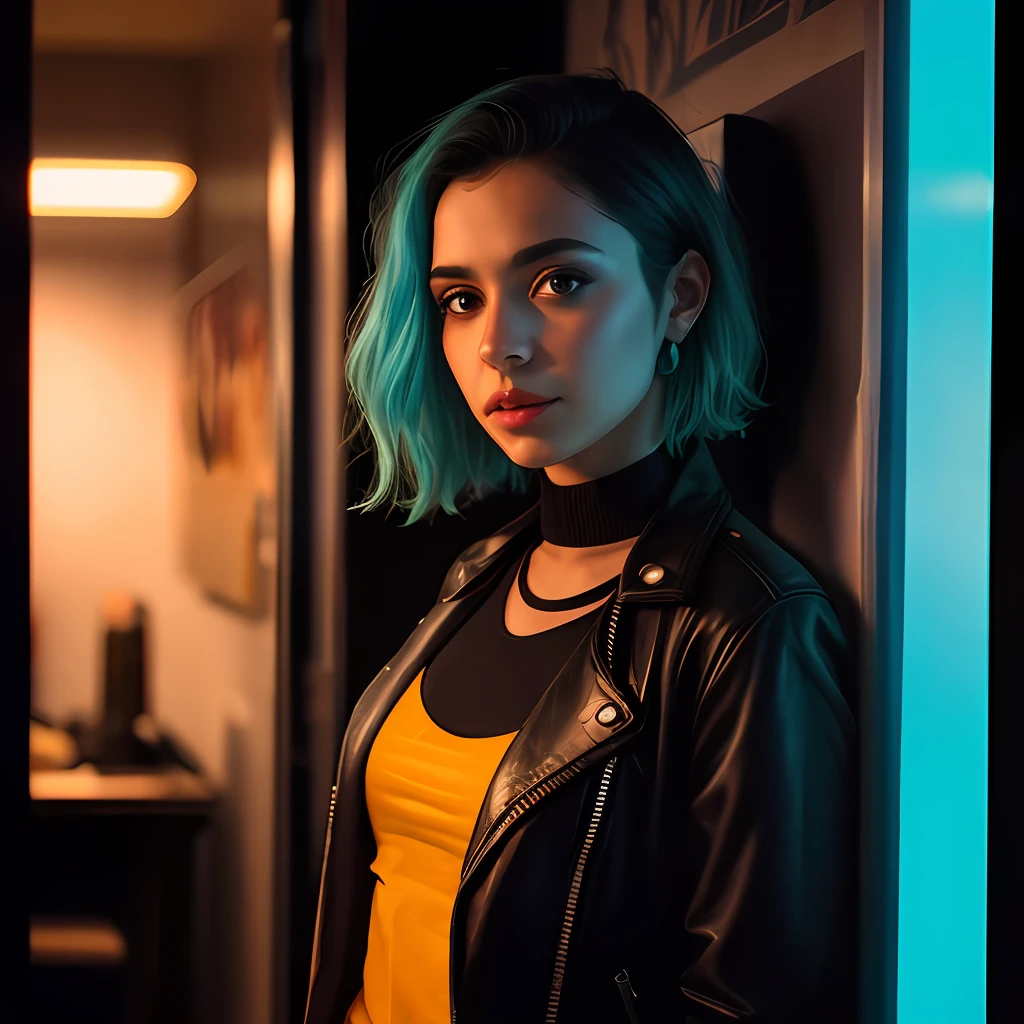 ((full body shof)) of a beautiful mature Guatemalan college girl, in cyberpunk outfit, outside on futuristic city, ((slim, petite)), photorealistic, photo, masterpiece, realistic, realism, photorealism, high contrast, 8k HD high definition detailed realistic, detailed, skin texture, hyper detailed, realistic skin texture, best quality, ultra high res, (photorealistic:1.4), high resolution, detailed, raw photo, sharp re, nikon d850 film, kodak portra 400 camera f1.6 lens rich colors hyper realistic lifelike texture dramatic lighting cinestill 800, snthwve style, guatemala, RAW photo, a 21-year-old (((guatemalan woman))) with cyan and turquoise colored short hair, short hair, perfect face, complex skin features, cybernetic, (neon light:0.3), cyberpunk outfit, computer art, movie stills, 35mm film scan, 8mm film grain, 8k, high detail skin, skin pores, intrincated skin texture, moles in body skin, subsurface scattening, sub surface scattening, ambient occlusion, natural, harmonious composition, warm tones, fine art photography,