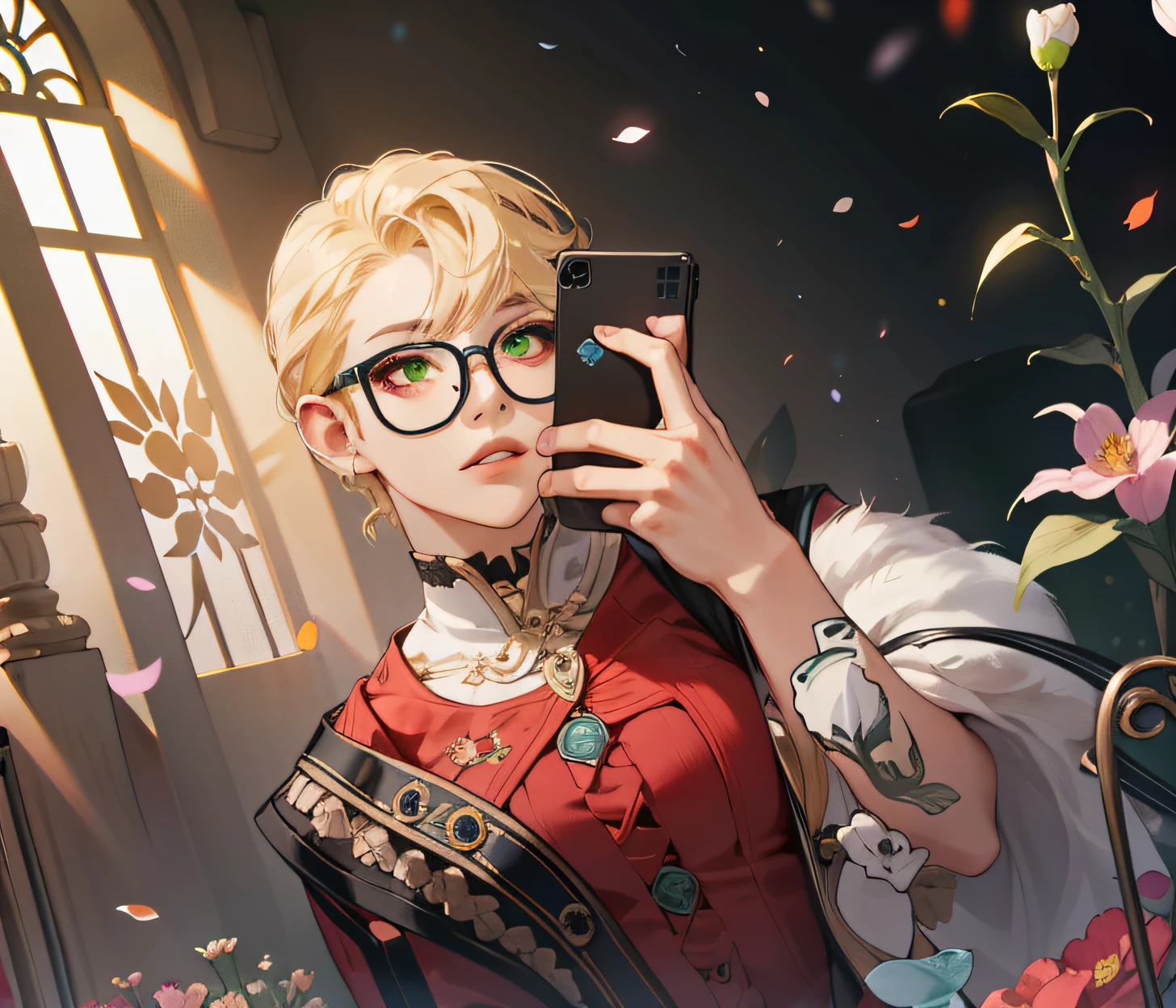 (absurdres, highres, ultra detailed), 1girl, mature female, wavy blonde hair, long hair, blunt bangs, green eyes, pink dress, finely detailed eyes and detailed face, extremely detailed CG unity 8k wallpaper, intricate details, BREAK , kaleidoscopic imagery, symmetrical patterns, vibrant colors, geometric shapes, mesmerizing designs, optical illusions, dynamic composition BREAK , pantomime art, expressive body language, silent storytelling, evocative gestures, visual narratives, theatrical performances BREAK , blooming flowers, colorful petals, fragrant scents, nature's bounty, vibrant gardens, peaceful scenery