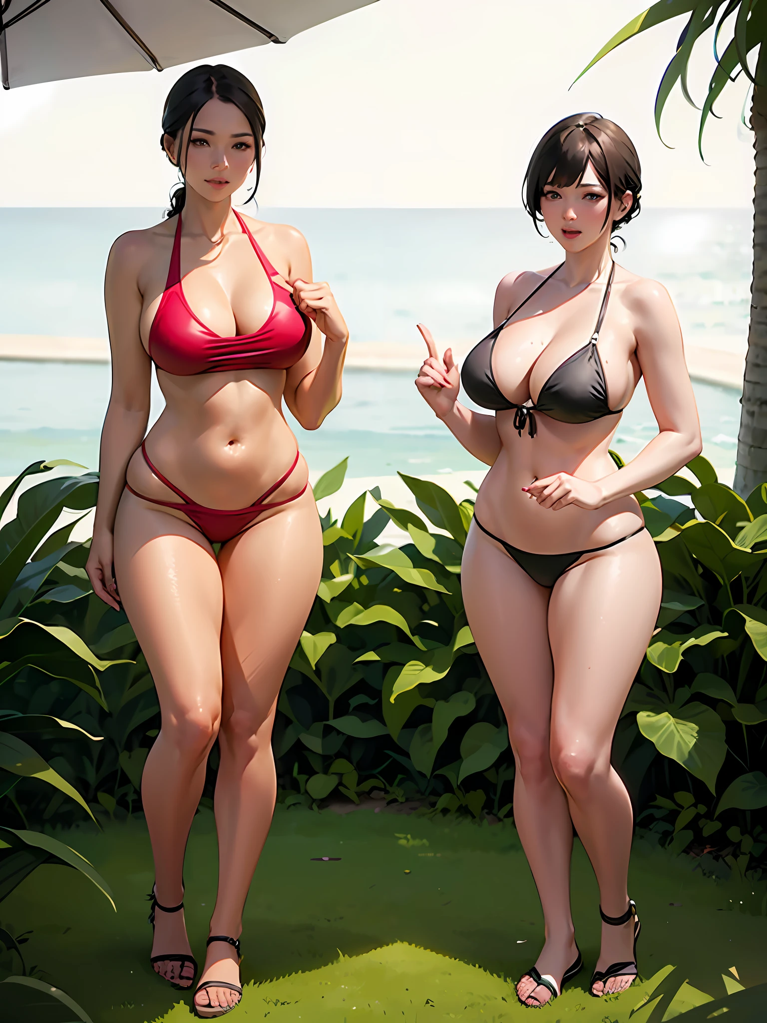two women in bikinis standing next to each other in a yard, Full body shot in bikini, leaked photo, in bikini, wearing a swimming wear, wearing two - piece swimsuit, middle body shot, ruan jia and mandy jurgens, bikini of, attire: bikini of, wearing spandex bikini, Frontal Pose, skinny waist and thick hips, hidden camera photo