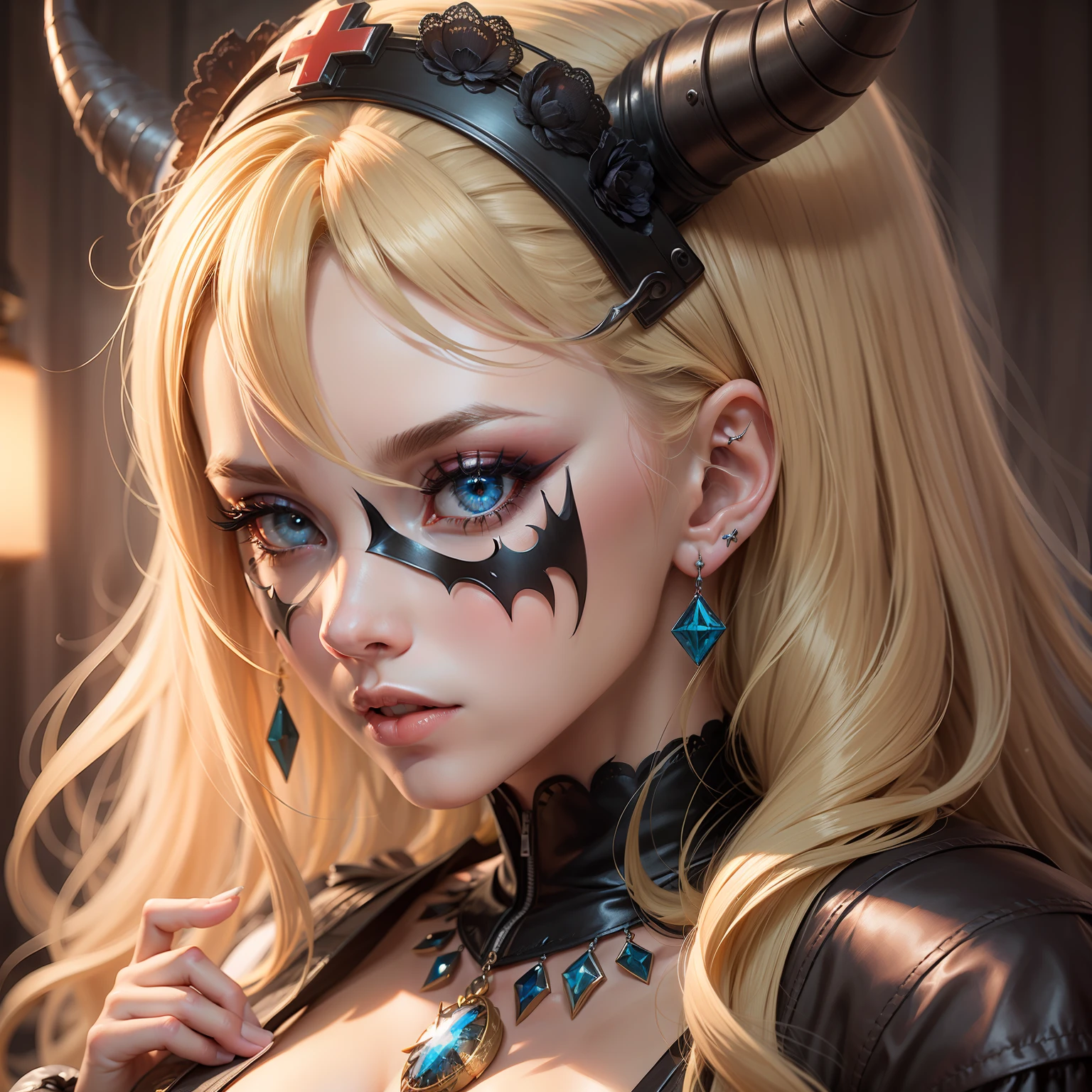 woman, blonde hair, messy hair, nurse cap, jewelry, mask, mask, demon horns, lolita hairband, sparkling eyes, earrings, makeup, Surrealism, high detail, Gothic art, cinematic lighting