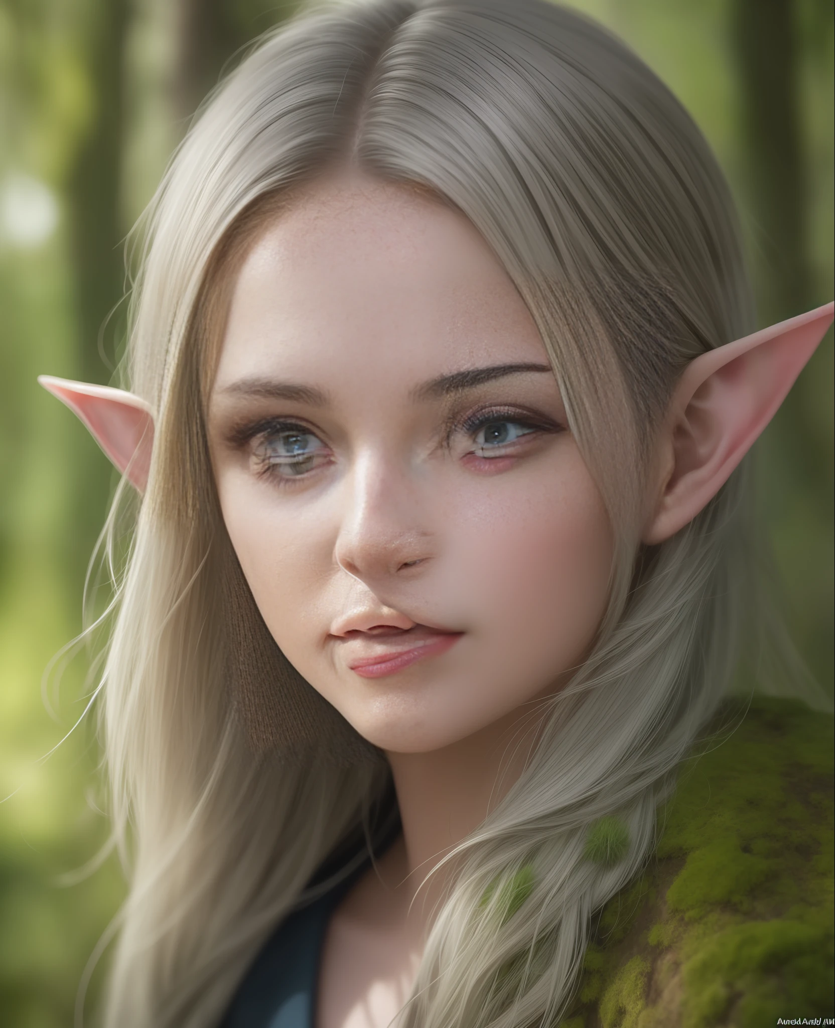 **a portrait of an iconic fantasy, a portrait of a elf with blue eyes and pointed pointy ears, in the style of realistic and hyper-detailed renderings, chilling creatures, 32k uhd, andrea kowch, pseudo-realistic with wind swept hair, realistic, in realistic mossy Forest photography by David bailey. Hasselblad CFV II 50C digital camera ,4k ,sharp focus ,bright colour ,(soft suntanned skin) Albedo map ,normal map ,specular map ,diffuse map ,light map ,noise map ,reflective map ,opacity map ,subsurface scattering ,light and shadow ,global illumination ,dappled shadows