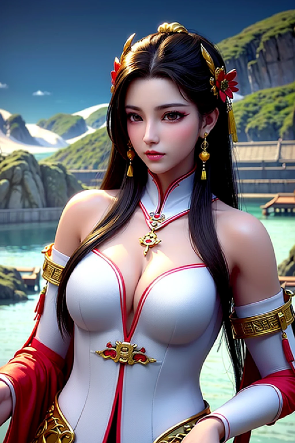 1girl huge large breasts，hanfugirl，see through hanfu，Phoenix Guanxia，Clothes dragon and phoenix embroidery，solid color backdrop，full body shot close up， Close-up of， 8K， RAW photos， best quailty， tmasterpiece， realisticlying， photograph realistic，