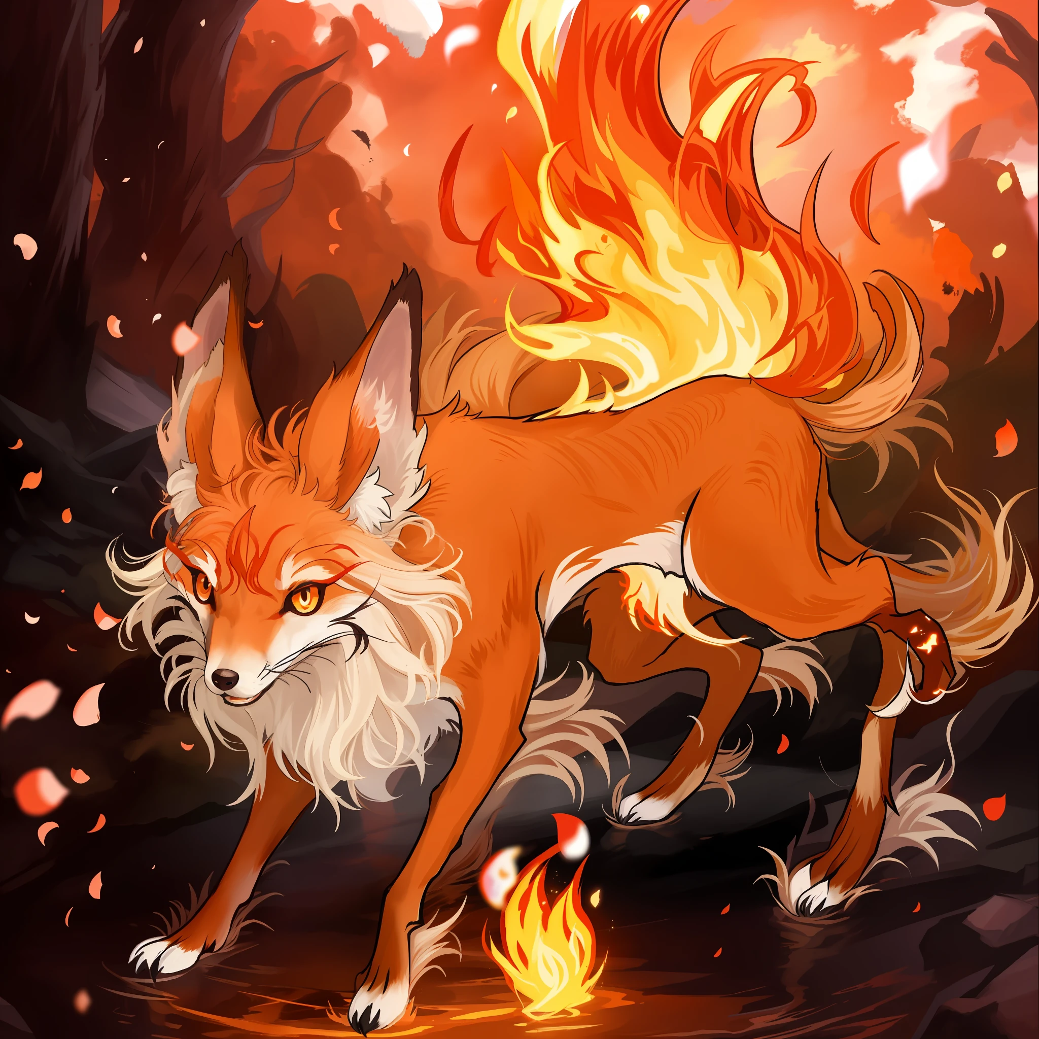 Fire-red fox，The tail is burning with flames，Sparks flutter all around，lovly，Game illustration，Two tails，The expression is fierce