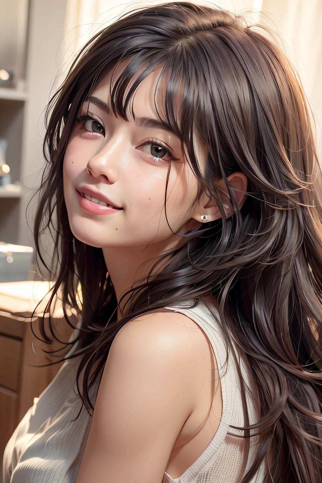 shorth hair、a smile