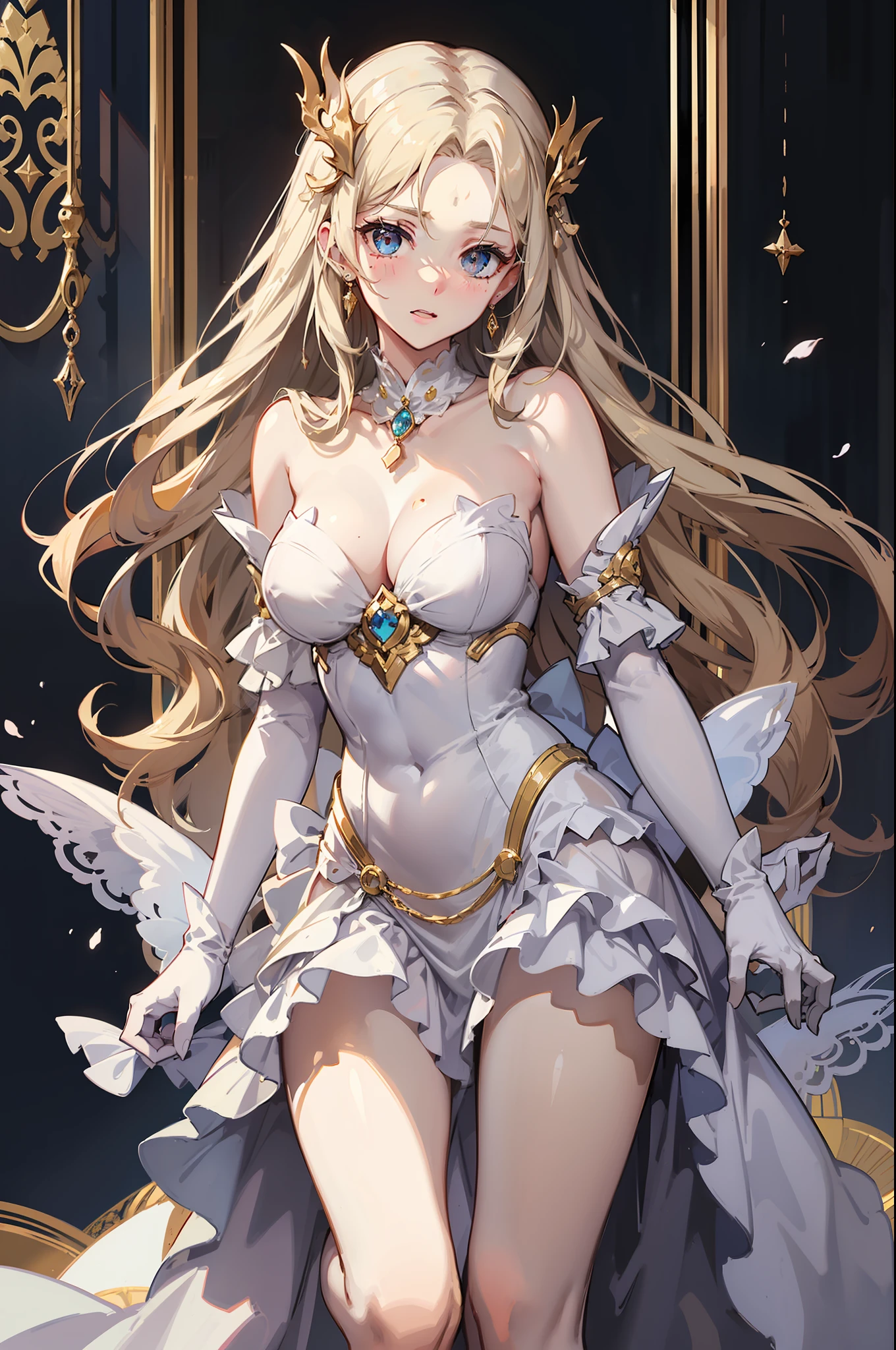 Pale beautiful young woman、Amused beautiful、slim and angular face、pointed chin、Feminine and big eyes、realisitic、highly detaile、Large accentuated chest、Contrasty、Textured skin、 cold skin pores、s the perfect face、red blush、High small nose、Tear mole、blanche, Golden and ruffled dresses、Oblique 45 degrees、length hair、Light brown eyes、Sweet smell、Light shining、dynamism、Beautiful Royal Palace、Thrilling、Full body painting、Blue glowing pendant、Fluffy breasts、Wearing white gloves、Arms crossed behind your back