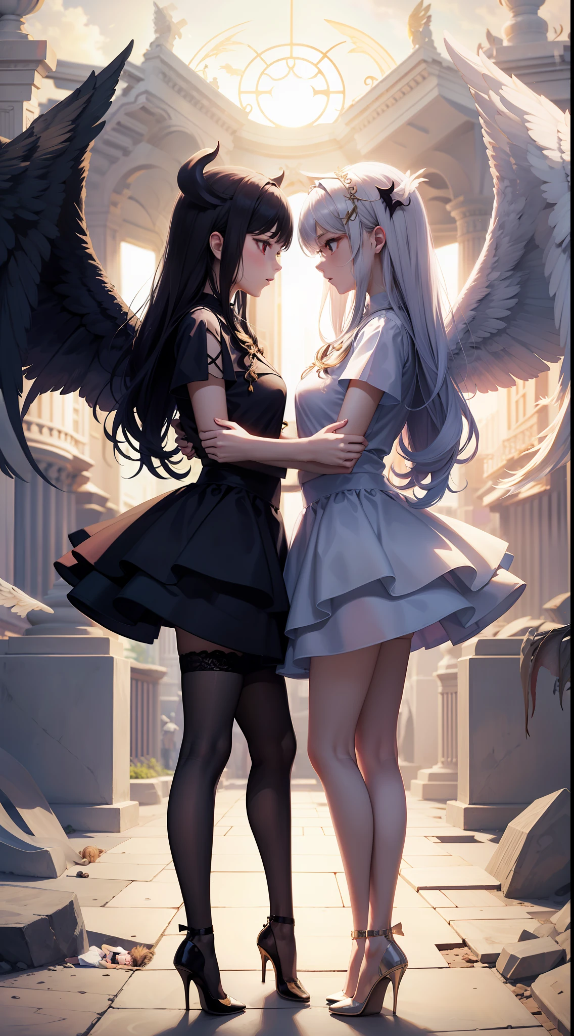 twins，2girls，An angel，devils，Wings