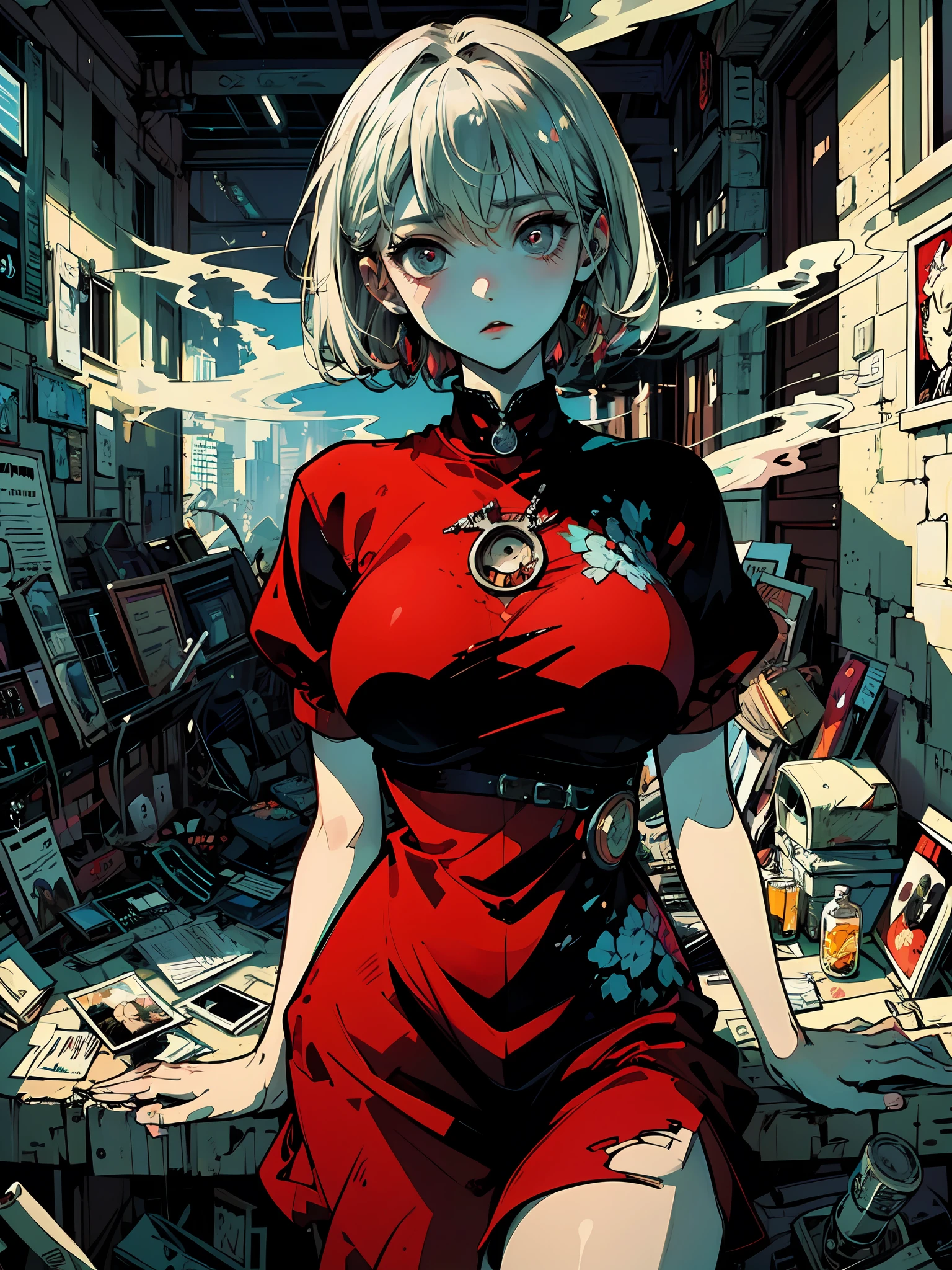 巨作, Best quality, comic strip,1girl huge large breasts, Breast-Large, (Smoking, cigarettes), dynamic view, The wide-angle,Cowboy shot, beautiful emphasizing on face and eyes, sweetly detailed,intricate scenery, Contrast,[Rust,Silver,blood],professional coloring,sumptuous artwork,artistic representation of devastation, twisted romantic aesthetic,(illustration,extremely precisely drawn:1.2), A high resolution,Best quality