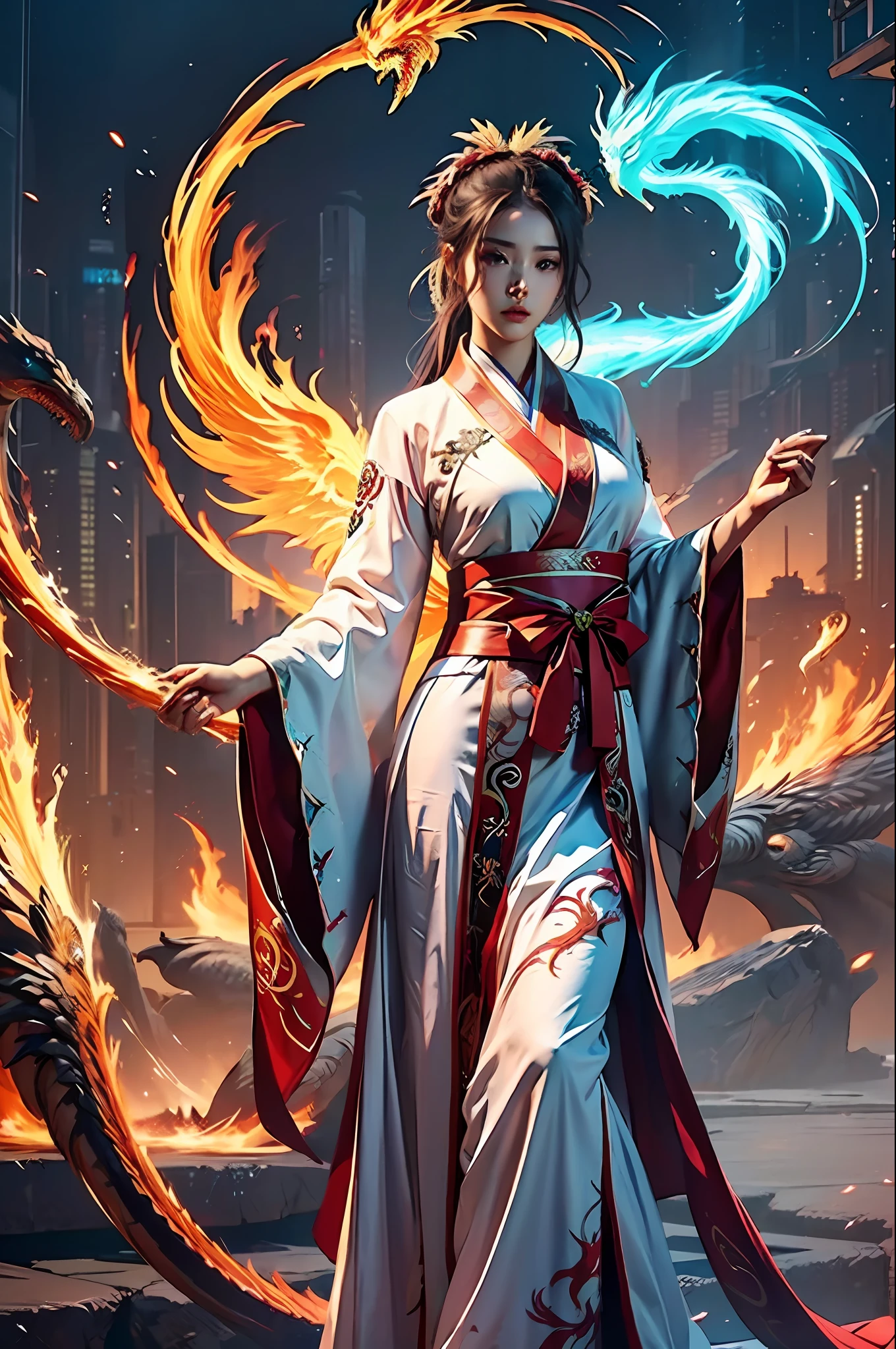 1girl huge large breasts，hanfugirl，see through hanfu，Phoenix Guanxia，Clothes dragon and phoenix embroidery，solid color backdrop，full body shot close up， Close-up of， 8K， RAW photos， best quailty， tmasterpiece， realisticlying， photograph realistic，