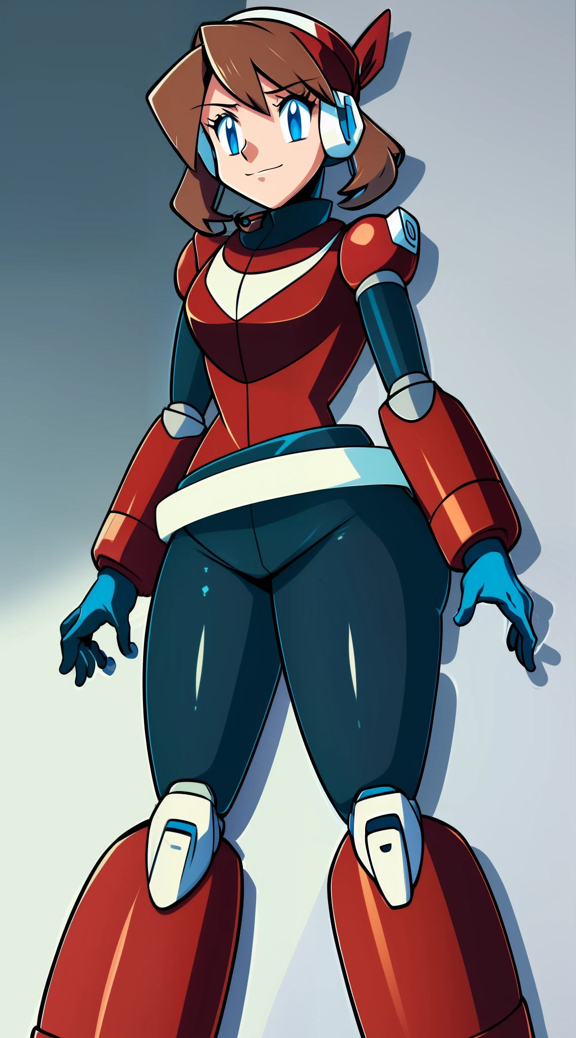 1Girl, Heavily armored, cybernetic heavy armor, arm gloves, knee-height skirt, heavy cybernetic boots, heavy cybernetic arms, heavy cybernetic torso, waist belt, megamanX heavy armor, bulky megamanX armor, reploid armor, Pokemon_May Face, heavy Brown Hair, Armored cone dress, Extremely Heavy body armor, large wide dress, Waitor Dress, Heavy Torso Armor, wearing headset, wearing scarf, wearing hair bandanna, pokemon-Ranger outfit, heavy ranger outfit