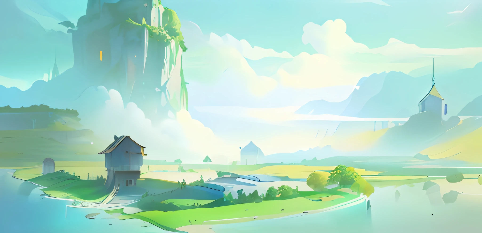 rios，Blue sky，Cartoon background art, background artwork, National style background, distant village background, animated still, splash screen art,serene illustration, Relaxing concept art, videogame still, anime landscape, concept-art, concept-art, Official concept art anime countryside landscape, island background