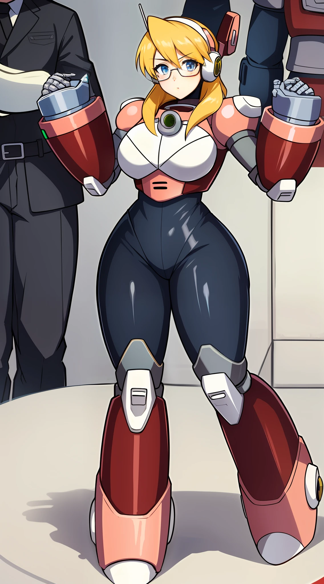 1Girl, Heavily armored, cybernetic heavy armor see-through tinted-blue glasses, arm gloves, knee-height skirt, heavy cybernetic boots, heavy cybernetic arms, heavy cybernetic torso, waist belt, eyes underneath glasses, megamanX heavy armor, bulky megamanX armor, reploid armor, Pokemon_May Face, heavy Brown Hair, Armored cone dress, Extremely Heavy body armor, large wide dress, Waitor Dress, Heavy Torso Armor, wearing headset, wearing scarf, wearing hair bandanna