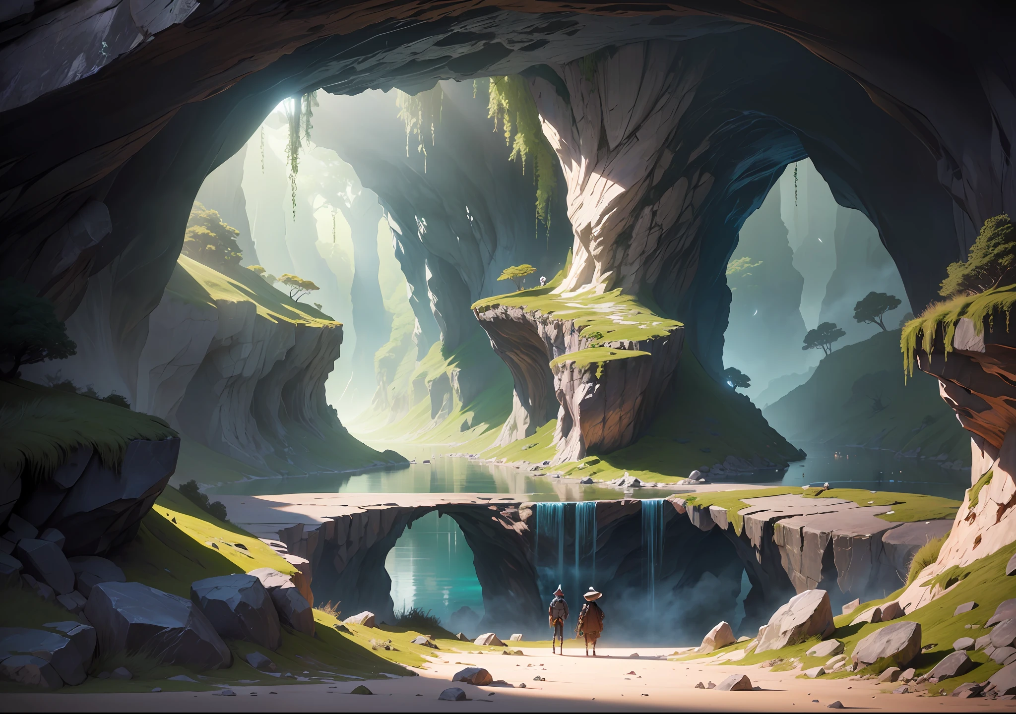((mysterious fantasy forest in a large cave)), springtime, Jungle, lake, cave, a tree, meadow, Rock, (illustration: 1.0), epic composition, Realistic lighting, HD Details, ​masterpiece, beste-Qualit (very detailed CG wallpaper unified 8k), (((dark, dark lighting, dim lighting))), luminous crystals