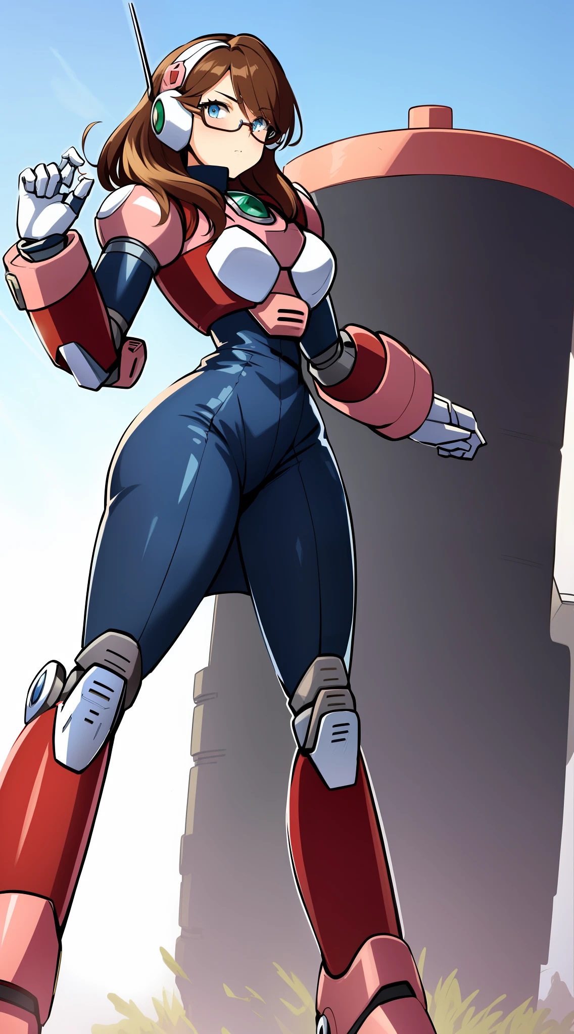 1Girl, Heavily armored, cybernetic heavy armor see-through tinted-blue glasses, arm gloves, knee-height skirt, heavy cybernetic boots, heavy cybernetic arms, heavy cybernetic torso, waist belt, eyes underneath glasses, megamanX heavy armor, bulky megamanX armor, reploid armor, Pokemon_Iris Face, heavy Brown Hair, Armored cone dress, Extremely Heavy body armor, large wide dress