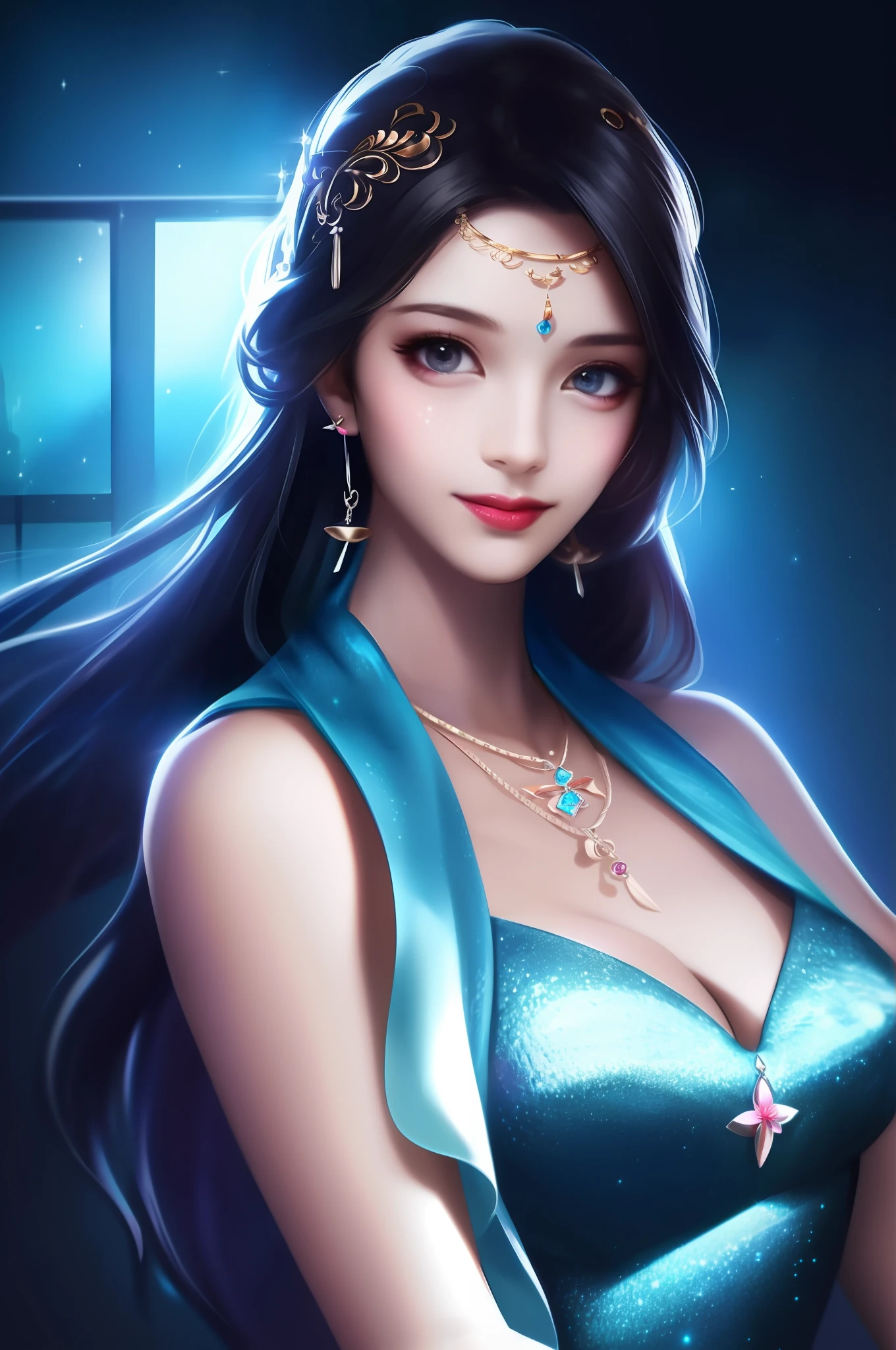 best quality, masterpiece, highres, 1girl, transparent silk china dress, beautiful face, hair ornament, looking at viewer, smile, closed mouth,lips, dress,hair ornament, necklace, jewelry, long hair, earrings, Beautiful face,upon_body, tyndall effect,photorealistic, dark studio, rim lighting, two tone lighting,(high detailed skin:1.2), 8k uhd, dslr, soft lighting, high quality, volumetric lighting, candid, Photograph, high resolution, 4k, 8k, Bokeh