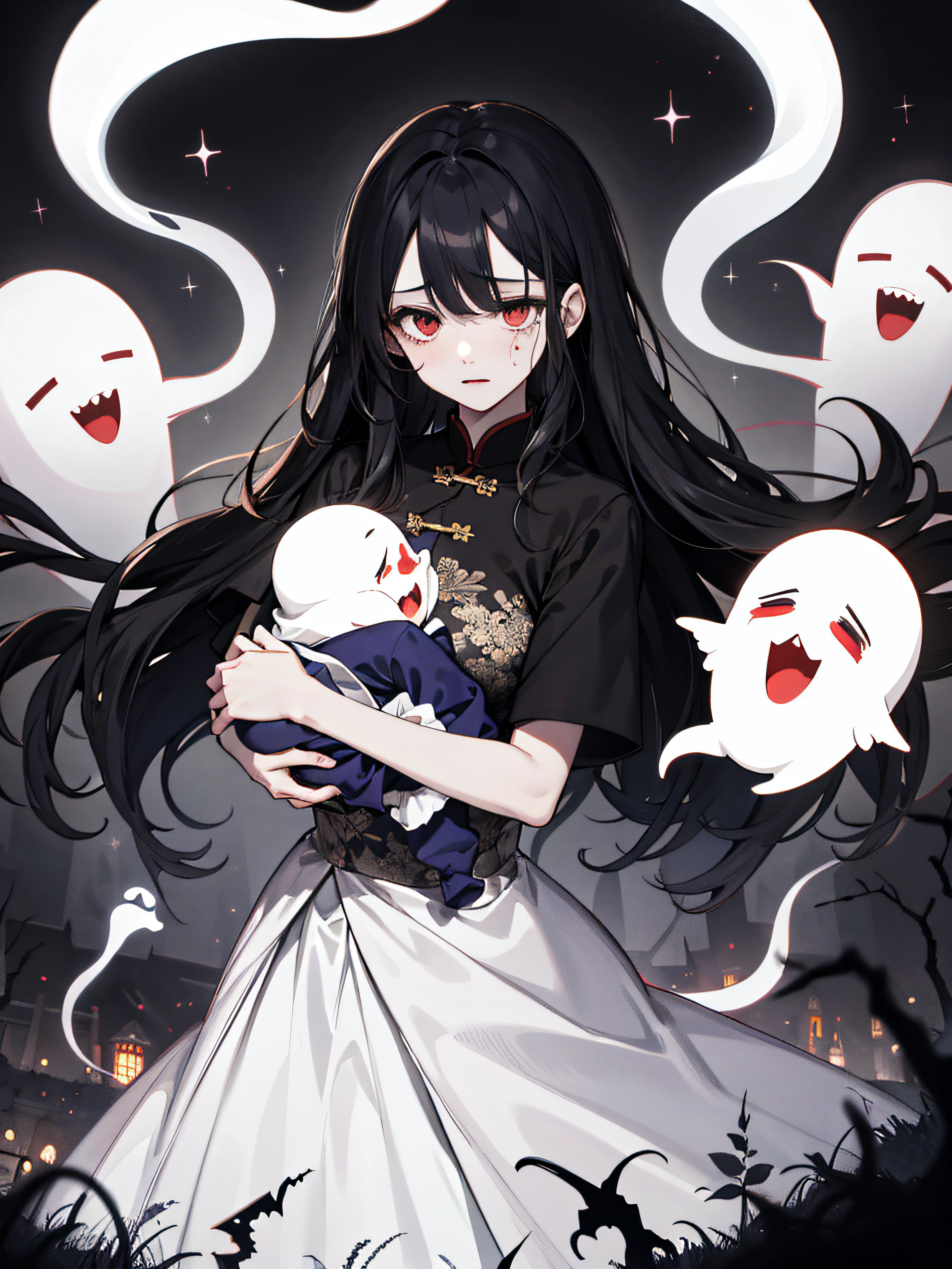 (tmasterpiece,best quailty,exquisitedetails), 1 woman 1 baby,weeping,nigth,dynamic angle,Woman holding baby,Late night woods in the background,tombs,Black crowd,Big wind,spooky ambiance,Chaotic crowds,Disorder,horryfing,China is weird,ghostly ghost