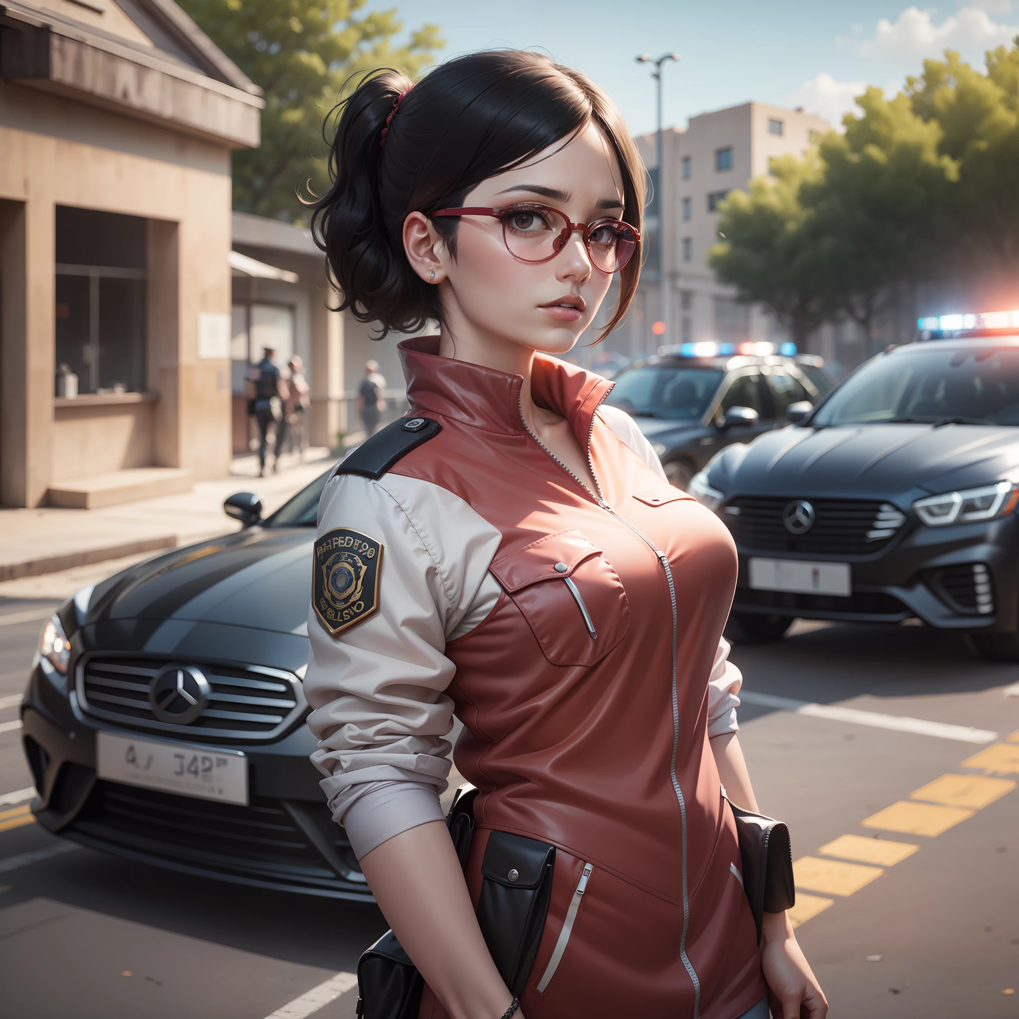 Sarada in police uniform , sunglasses , police car in background , masterpiece , great details, best quality, 8k , great illustration.