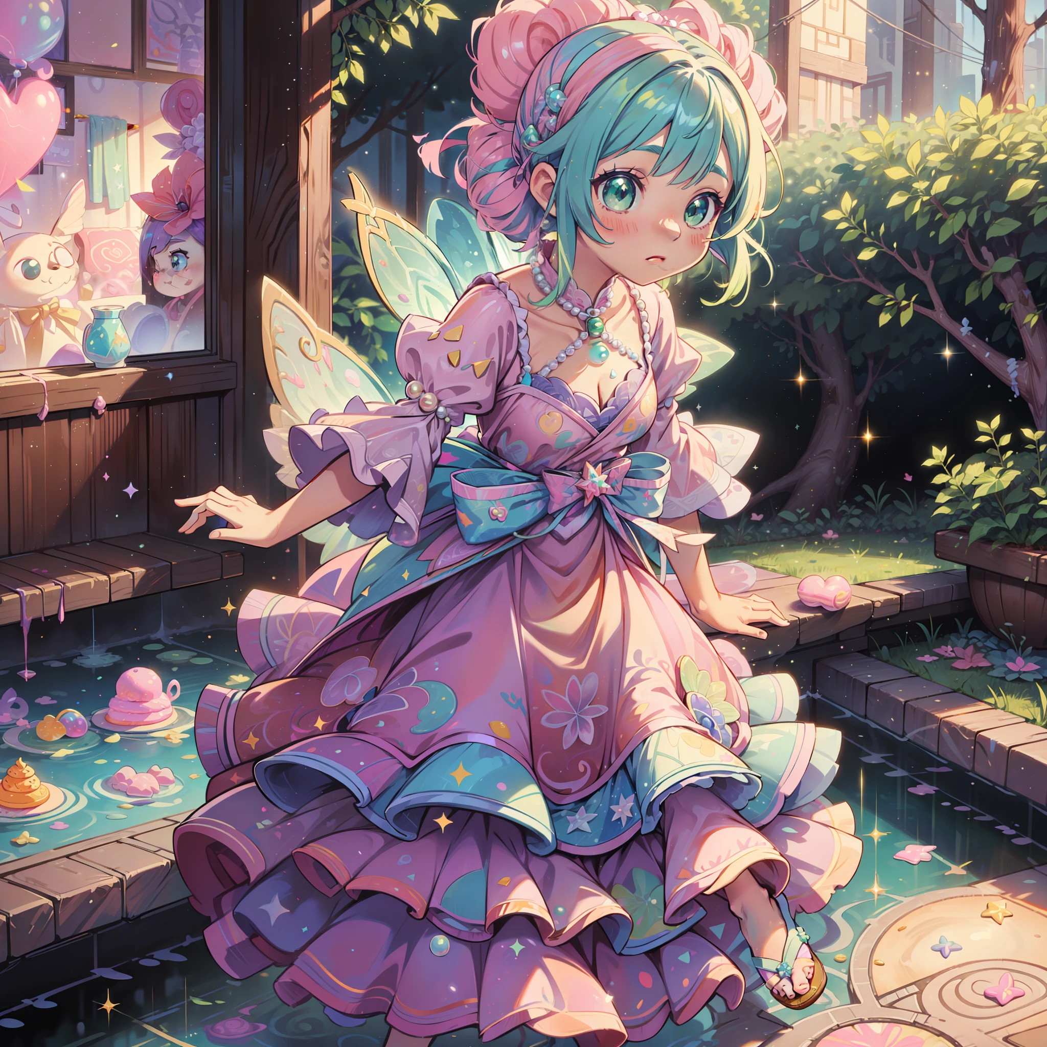 Pearls adorned with pastel pink dresses and hair accessories、Ren Hao、And hair dyed in candy color。With shining green eyes that play innocently、Glitter sandals dancing brilliantly。A beautiful girl who is somehow mysterious like a fairy