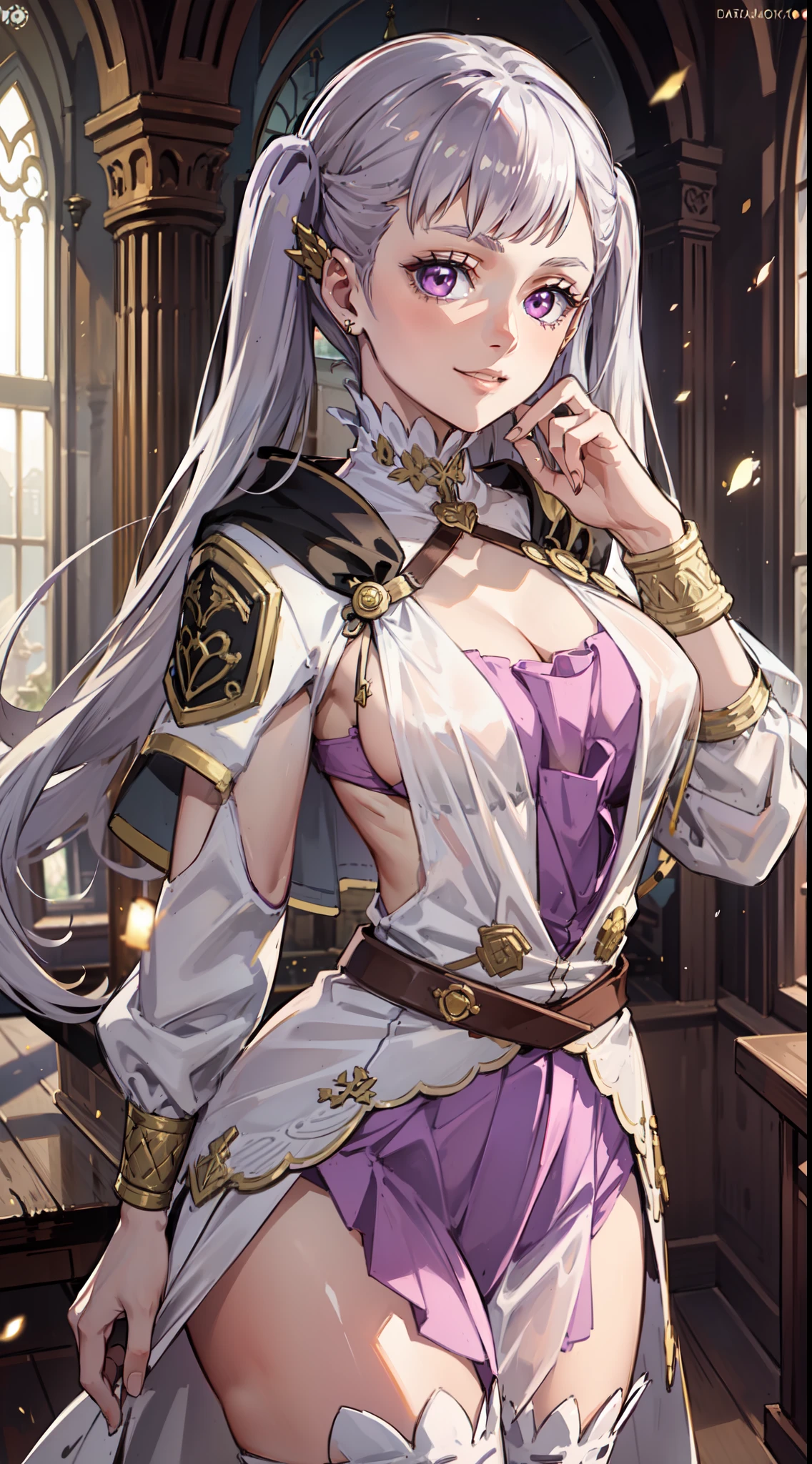 1girl, cowboy shot, beautiful noelle_silva,long hair ,twintails, bangs, earring,jewelry, silver hair,purple eyes, mage_dress,white dress, cleavage, capelet,long sleeves, water, medium breast ,smile,room,indoors, front light, volumetric lighting, best quality, masterpiece, intricate details, tonemapping, sharp focus, hyper detailed, trending on Artstation,