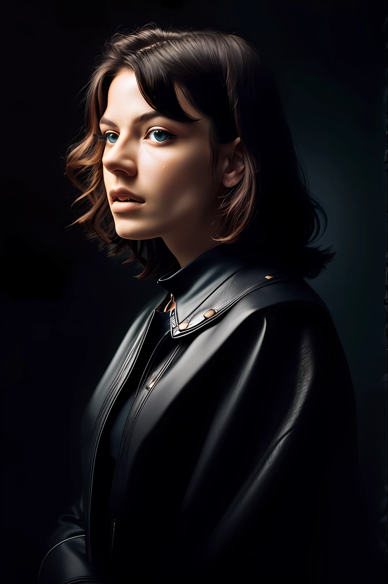 (RAW photo, best quality), (realistic, photo-realistic:1.2), 1girl, high quality, (high detailed skin:1.4), puffy eyes, gorgeous hair, (dark room:1.3), (rim lighting:1.3), (dimly lit:1.3), (dark night:1.3), indoors, portrait, black hair, dark background, short hair, alien insects queen, insects , half human, bee woman