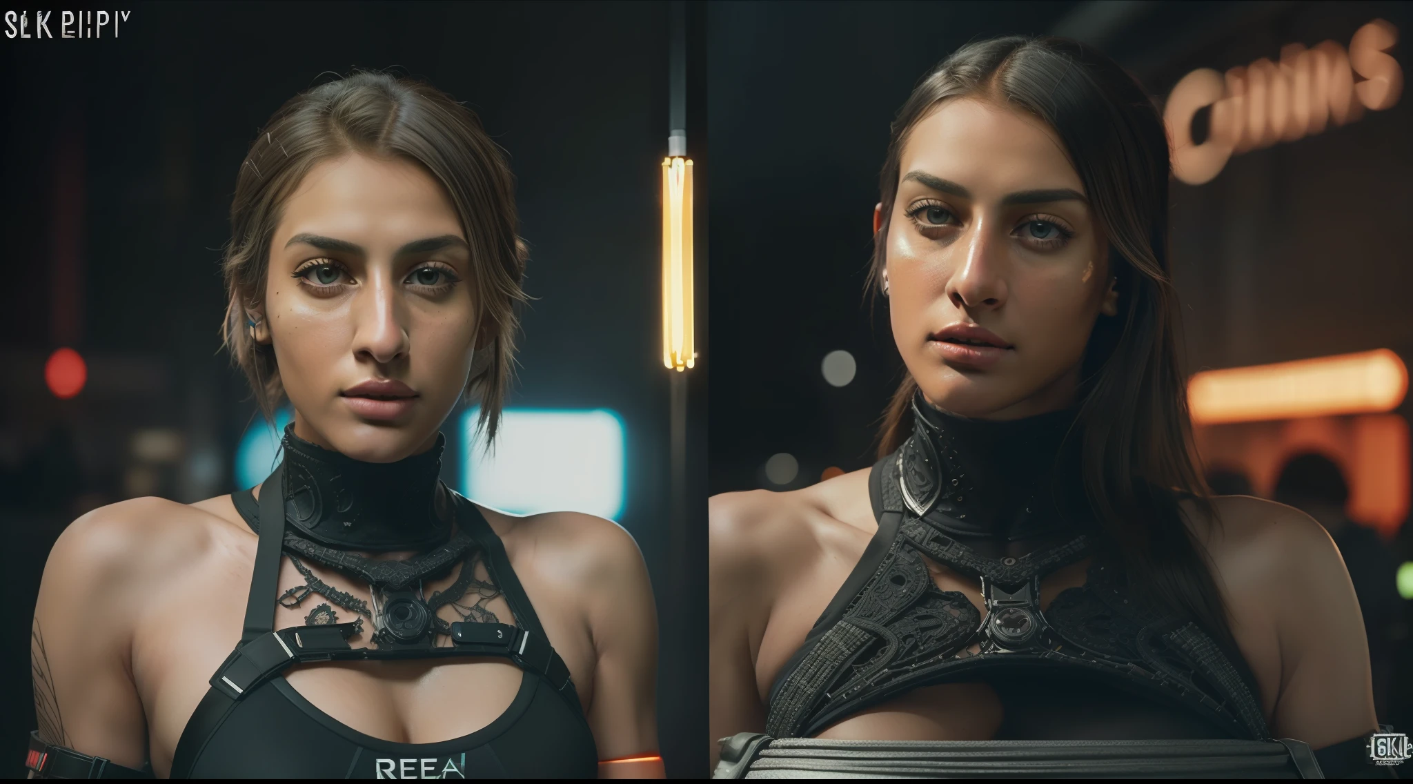 8k, ARTISTIC photography, best quality, masterpiece: 1.2), (realistic, photorealistic: 1.37), (((Rhea Ripley))) over-detailed, (high-detail skin: 1.2), 8k uhd, SLR camera, soft lighting, high quality, film grain, Arri Alexa, cinematic lighting, photonic display, brightness, physically rendered photo (80s style Aggressive Female villain in a nightclub), ( red neon sign background lights). over-detailed face, (((Rhea Ripley))), short hair, black, cybernetics (( dressed futuristic plated Tactical Harness)), ((( plated Tactical gear )), ((( intricate outfits))), posing, a nightclub with neon lights, dark nightclub, smoking (((pure 8K))), (((perfect anatomy))), extremely high-quality graphics, Riddley Scott, Blade Runner, Denis villeneuve (((cinematic lighting))), ((clear details)), complex, highly detailed background,