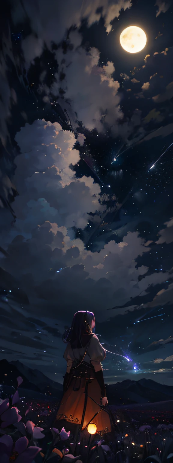 Vast landscape photo, (viewed from below, the sky is above and the open field is below), a girl standing on a flower field looking up, (full moon: 1.2), (meteor: 0.9), (nebula: 1.3), distant mountains , Trees BREAK Crafting Art, (Warm Light: 1.2), (Fireflies: 1.2), Lights, Lots of Purple and Orange, Intricate Details, Volumetric Lighting, Realism BREAK (Masterpiece: 1.2), (Best Quality), 4k, Ultra-Detailed, (Dynamic Composition: 1.4), Very Detailed, Colorful Details, (Rainbow Colors: 1.2), (Glow Lighting, Atmospheric Lighting), Dreamy, Magical, (Solo: 1.2)