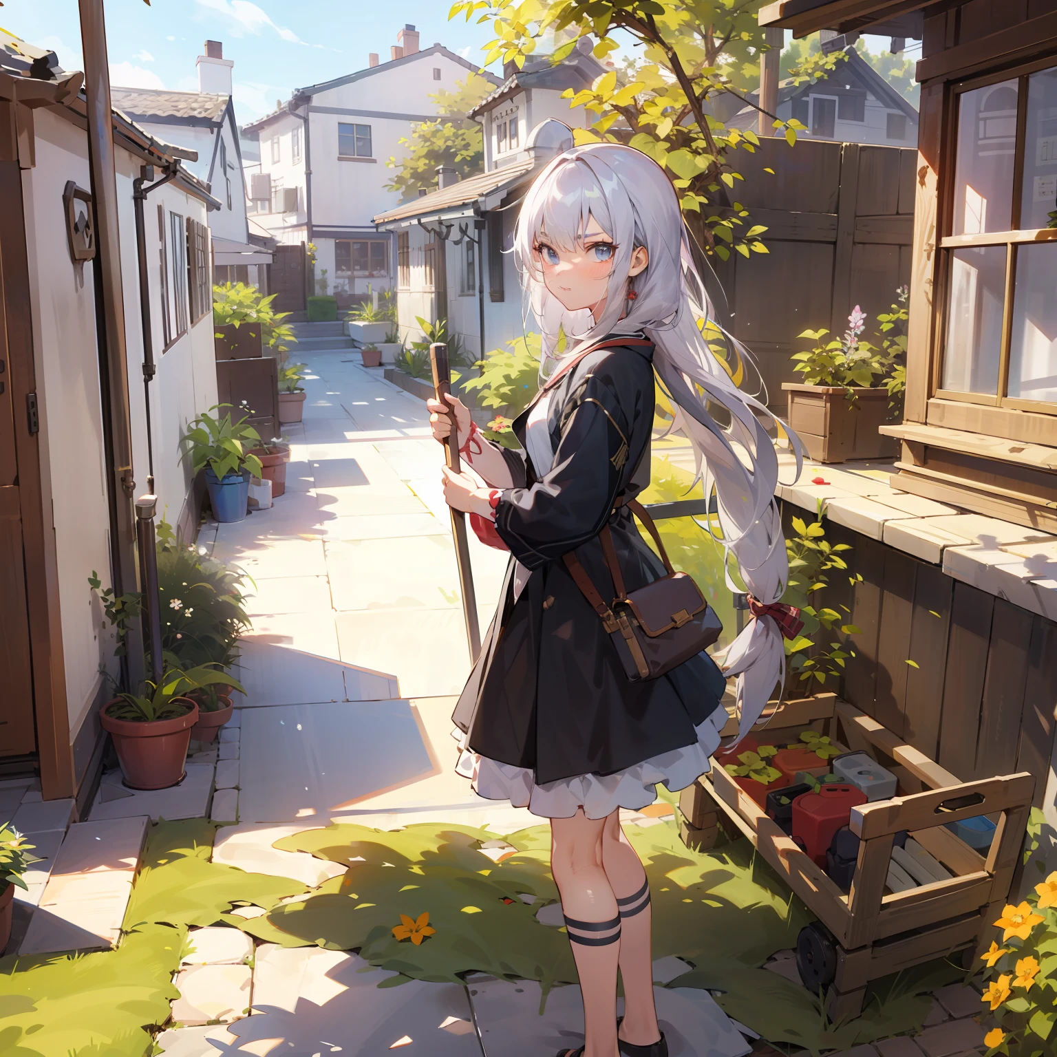 A with long hair kneeling in the garden,looking at the ground,Look for something,She wears a gardener's clothes,serious,inquisitive,Side view of the scene,Perfect quality,Clear focus(mess - house:0.8),(tmasterpiece:1.2) (realisticlying:1.2) (bokeh) (best quailty) (skin detailed:1.3) (complexdetails) (8K) (eye detailed)