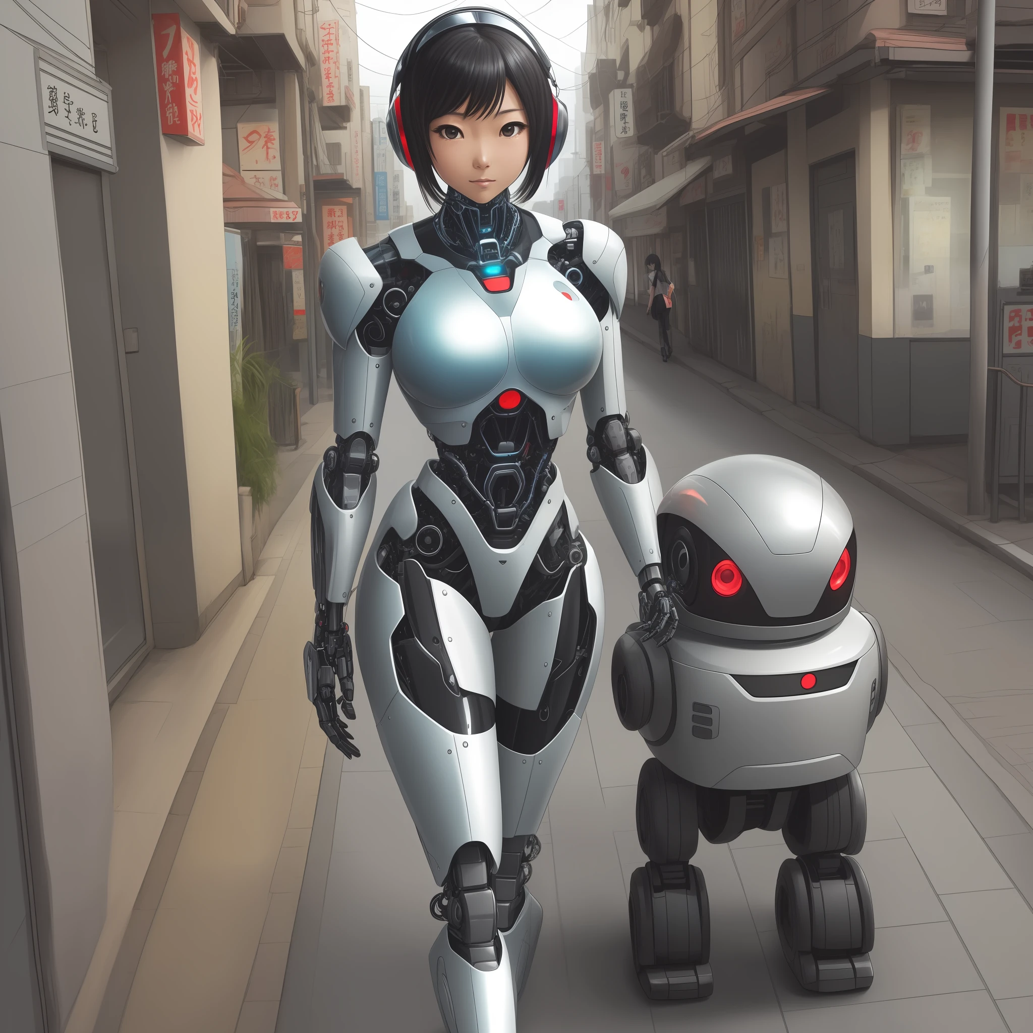 Quadrinho 1:
(Ayumi is walking down the street, with gleaming cybernetic limbs)
Ayumi has the whole robot body. anime manga style