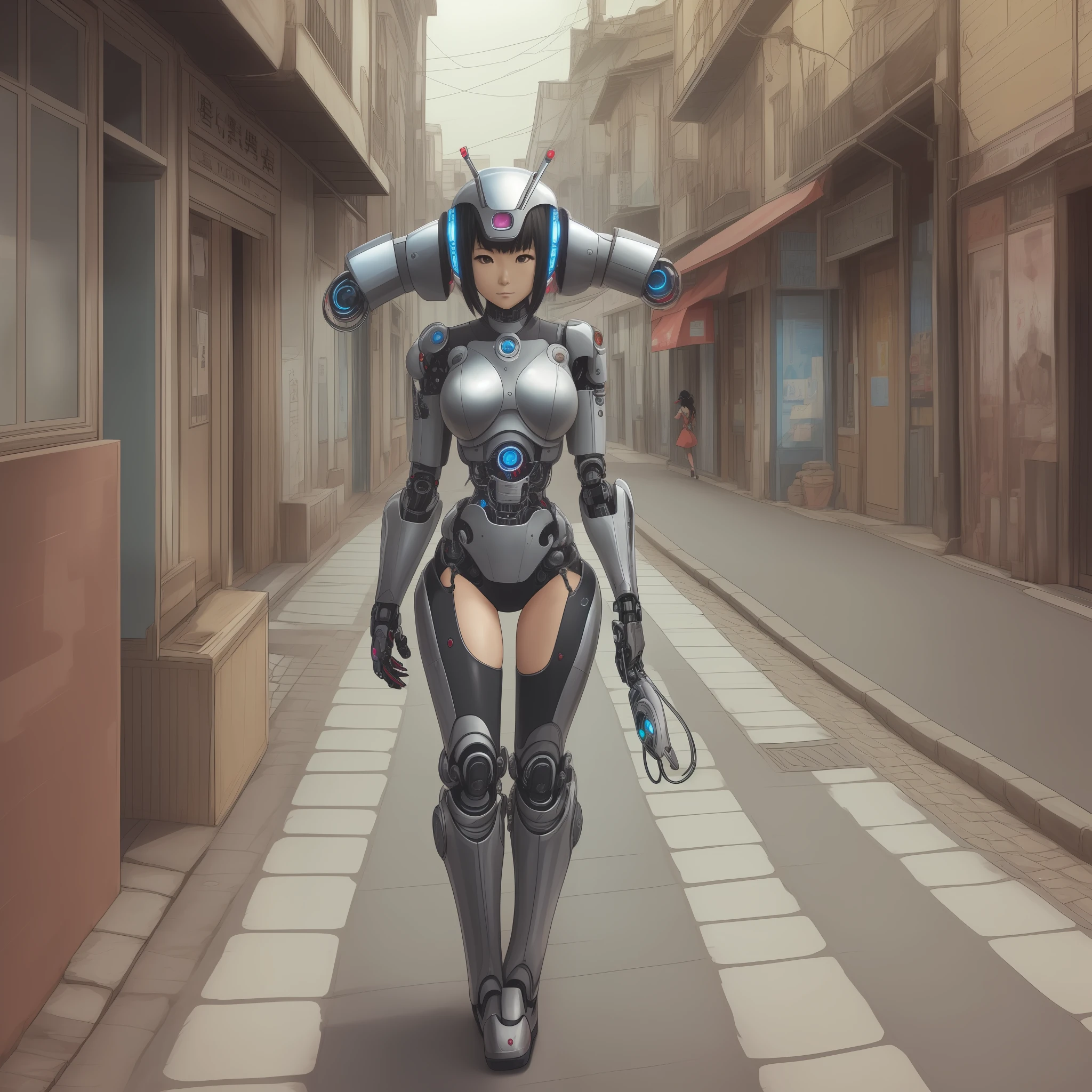 Quadrinho 1:
(Ayumi is walking down the street, with gleaming cybernetic limbs)
Ayumi has the whole robot body. anime manga style