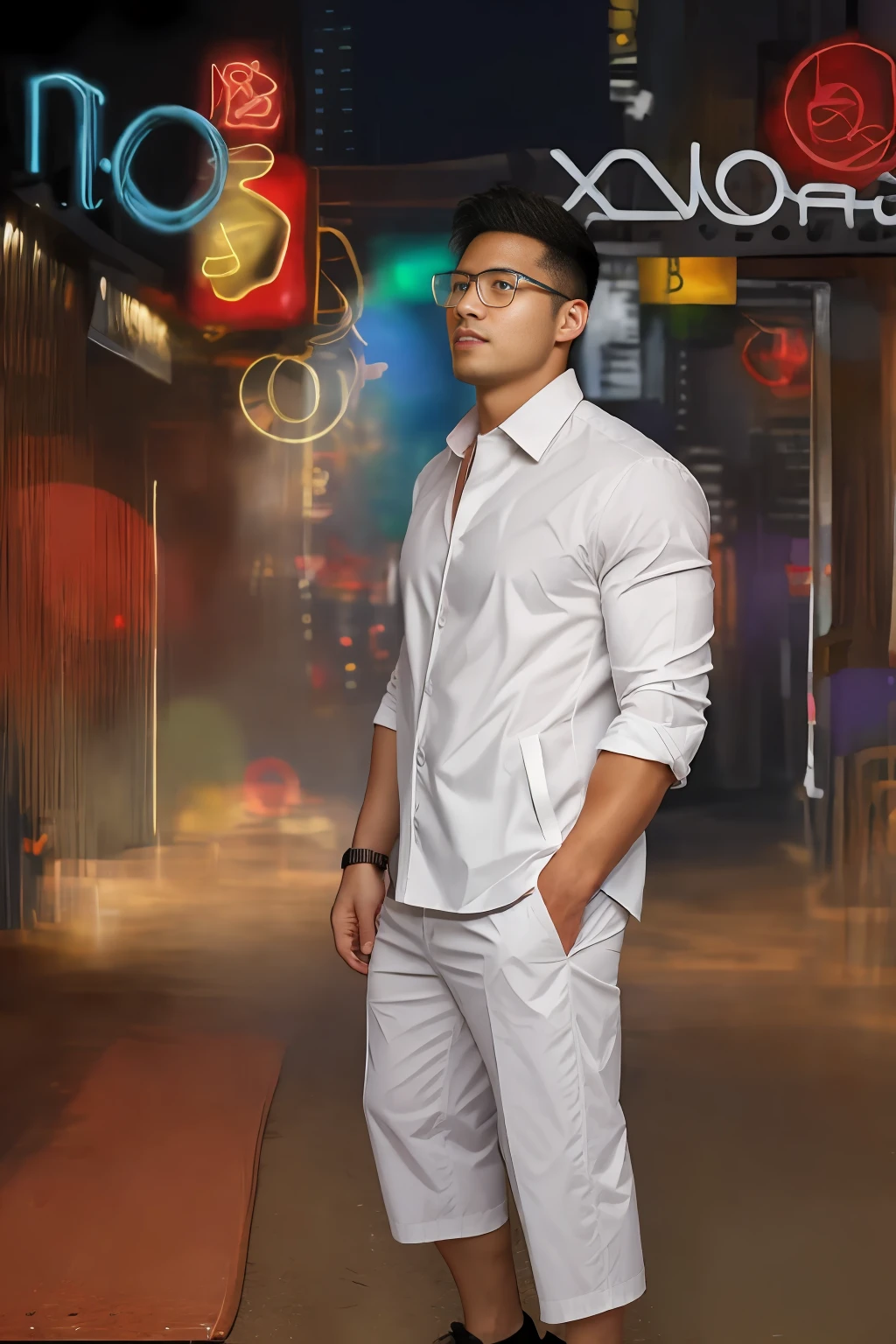 1 oriental male, big bumps, stubble. ((A 30-year-old muscular man wearing glasses)), a reflective windbreaker, long-sleeved white shirt and tie, and leather shoes. Full body, soft lighting. In the neon city. (masterpiece, Best quality), 8K UHD, Digital SLR, filmgrain, Fujifilm XT3 photorealistic painting art