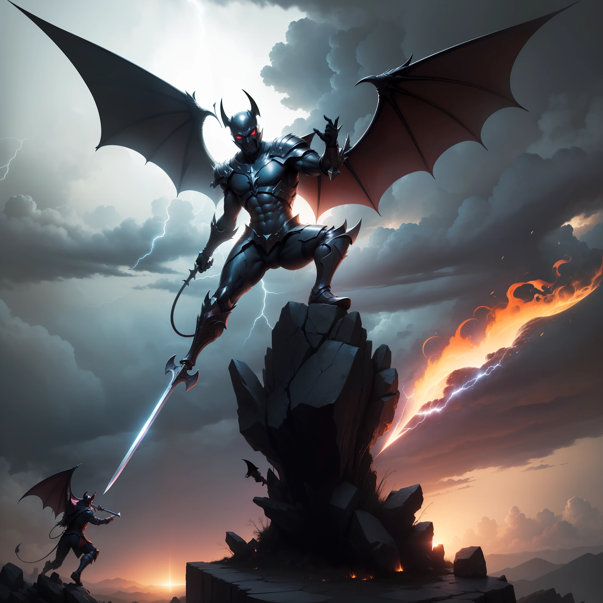 tmasterpiece,Super-High Resolution,A beautiful angel stands on a mountain rock and swings his sword to slash at the bat-like demon that is flying towards him,Angels are blazing with fire and fighting demons,The sky in the background is half overcast and half sunny,There were a few lightning bolts in the gloom,The angel shines with light,The ugly devil has bat wings,