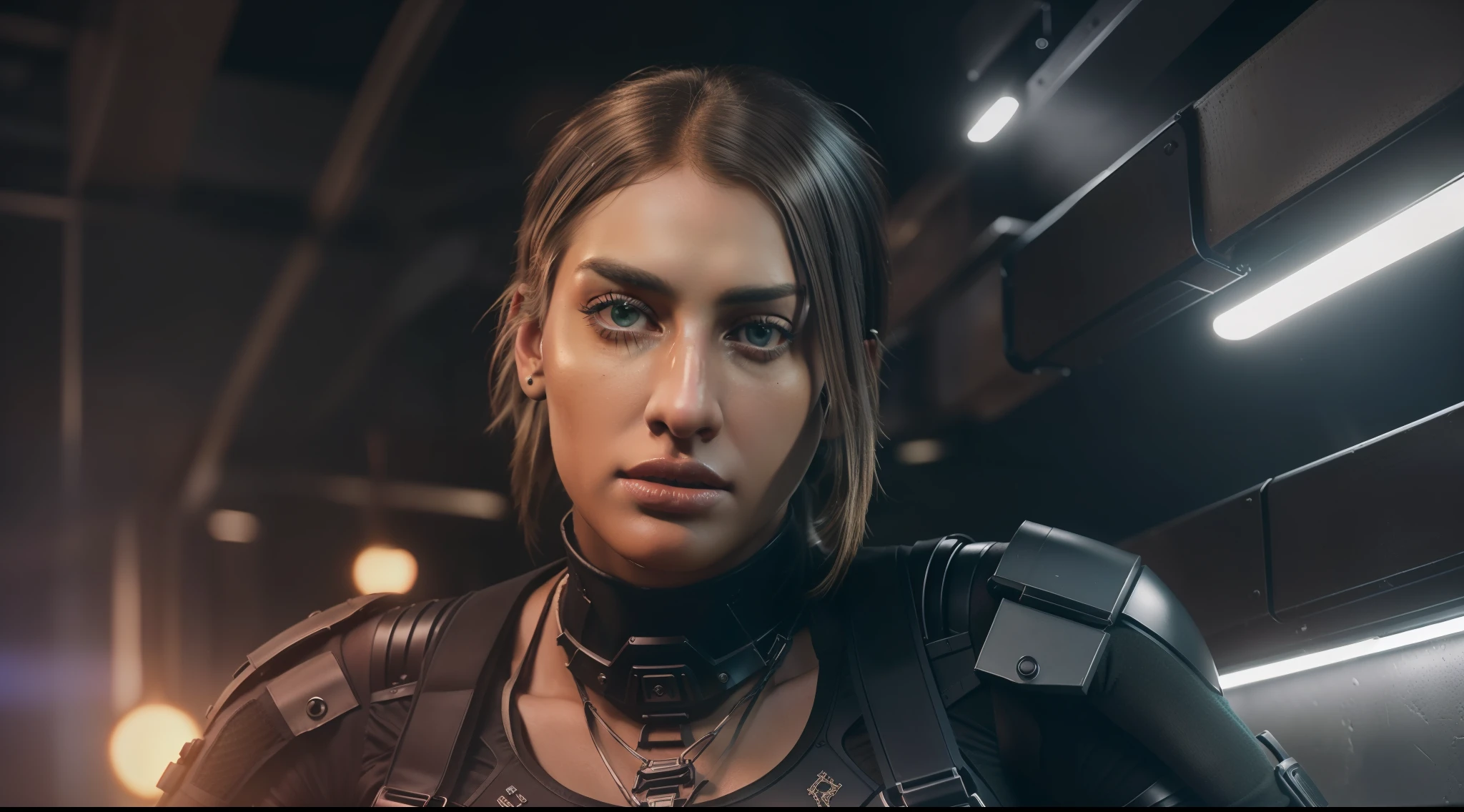8k, ARTISTIC photography, best quality, masterpiece: 1.2), (realistic, photorealistic: 1.37), (((Rhea Ripley))) over-detailed, (high-detail skin: 1.2), 8k uhd, SLR camera, soft lighting, high quality, film grain, Arri Alexa, cinematic lighting, photonic display, brightness, physically rendered photo (80s style Aggressive Female villain in a nightclub), ( red neon sign background lights). over-detailed face, (((Rhea Ripley))), short hair, black, cybernetics (( dressed futuristic plated Tactical Harness)), ((( plated Tactical gear )), ((( intricate outfits))), posing, a nightclub with neon lights, dark nightclub, smoking (((pure 8K))), (((perfect anatomy))), extremely high-quality graphics, Riddley Scott, Blade Runner, Denis villeneuve (((cinematic lighting))), ((clear details)), complex, highly detailed background,