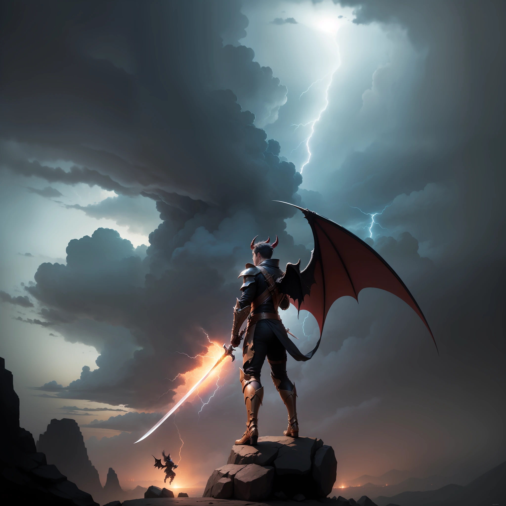 tmasterpiece,Super-High Resolution,A beautiful angel stands on a mountain rock and swings his sword to slash at the bat-like demon that is flying towards him,Angels are blazing with fire and fighting demons,The sky in the background is half overcast and half sunny,There were a few lightning bolts in the gloom,The angel shines with light,The ugly devil has bat wings,