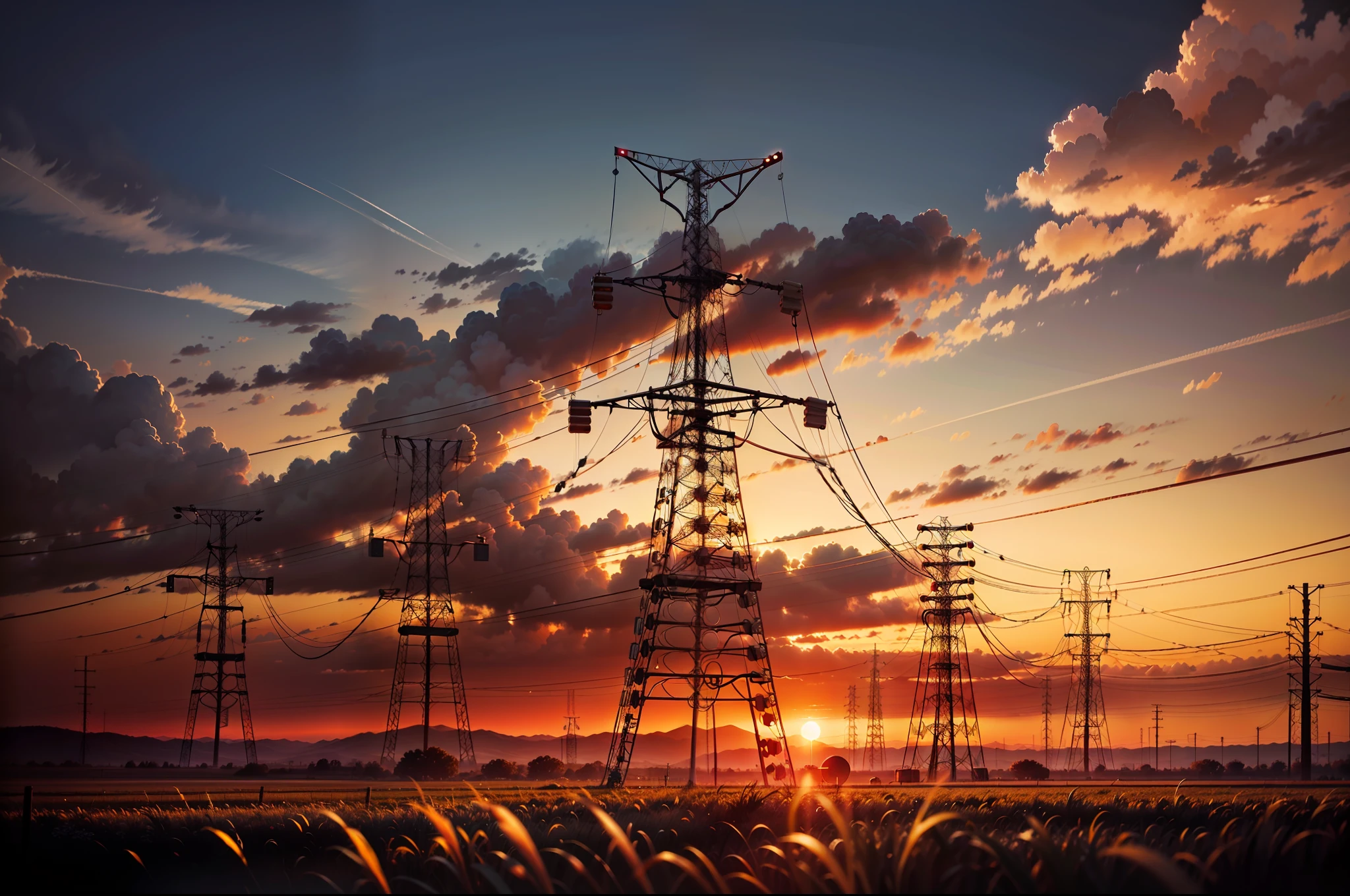 thousands of transmission towers with red light, on a field, sunset on the horizon