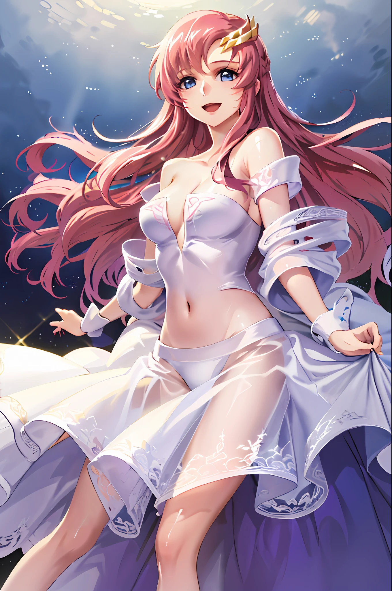 (masterpiece, best quality, highres, anime, lacus4), 1girl, solo, long hair, dress, hair ornament, pink hair, cleavage, blue eyes, off-shoulder, white dress, MEDIUM breasts, smile, open mouth, wrestler, slim belly